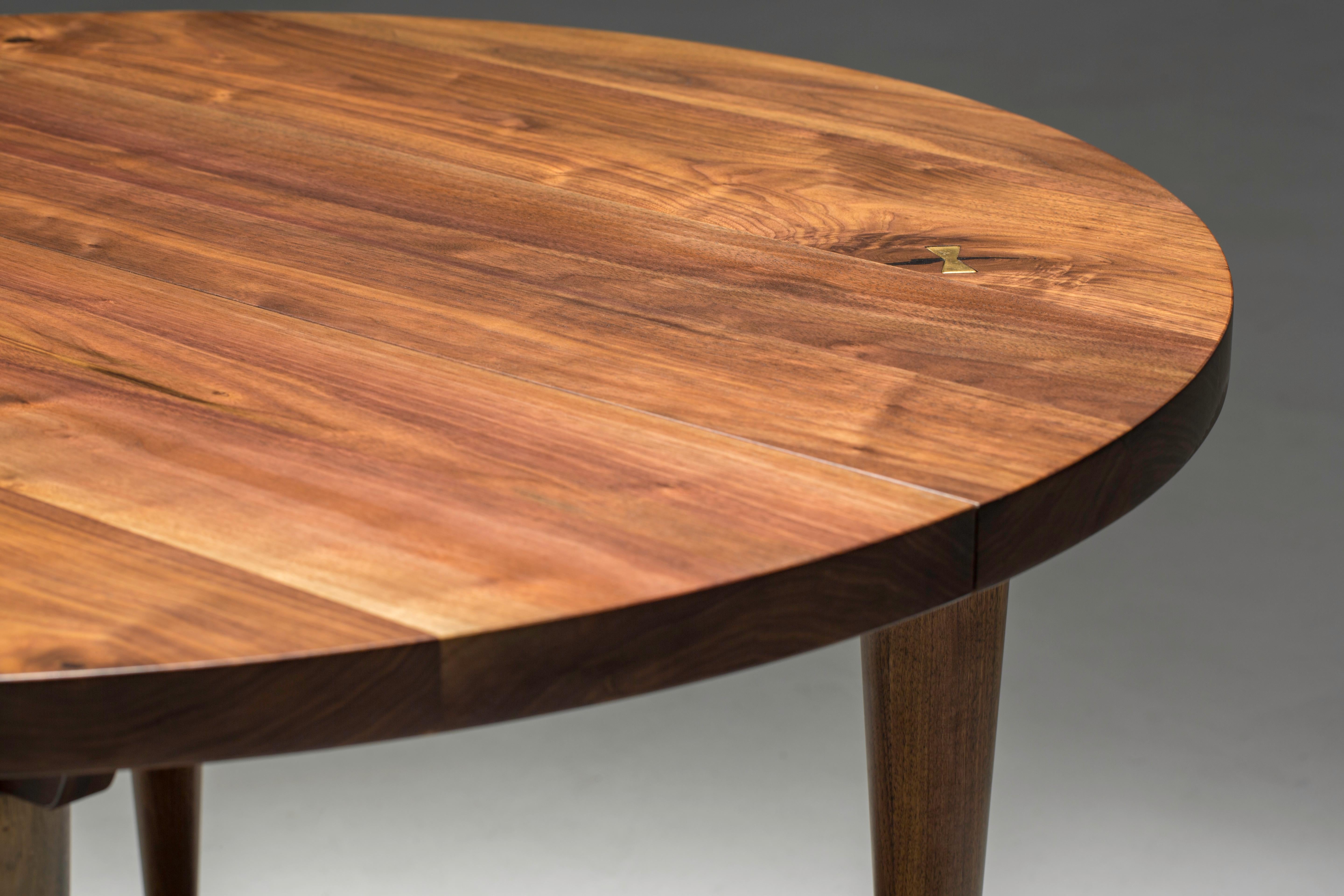 Contemporary Circle Walnut Expanding Dining Table w/ Brass Capped Legs 