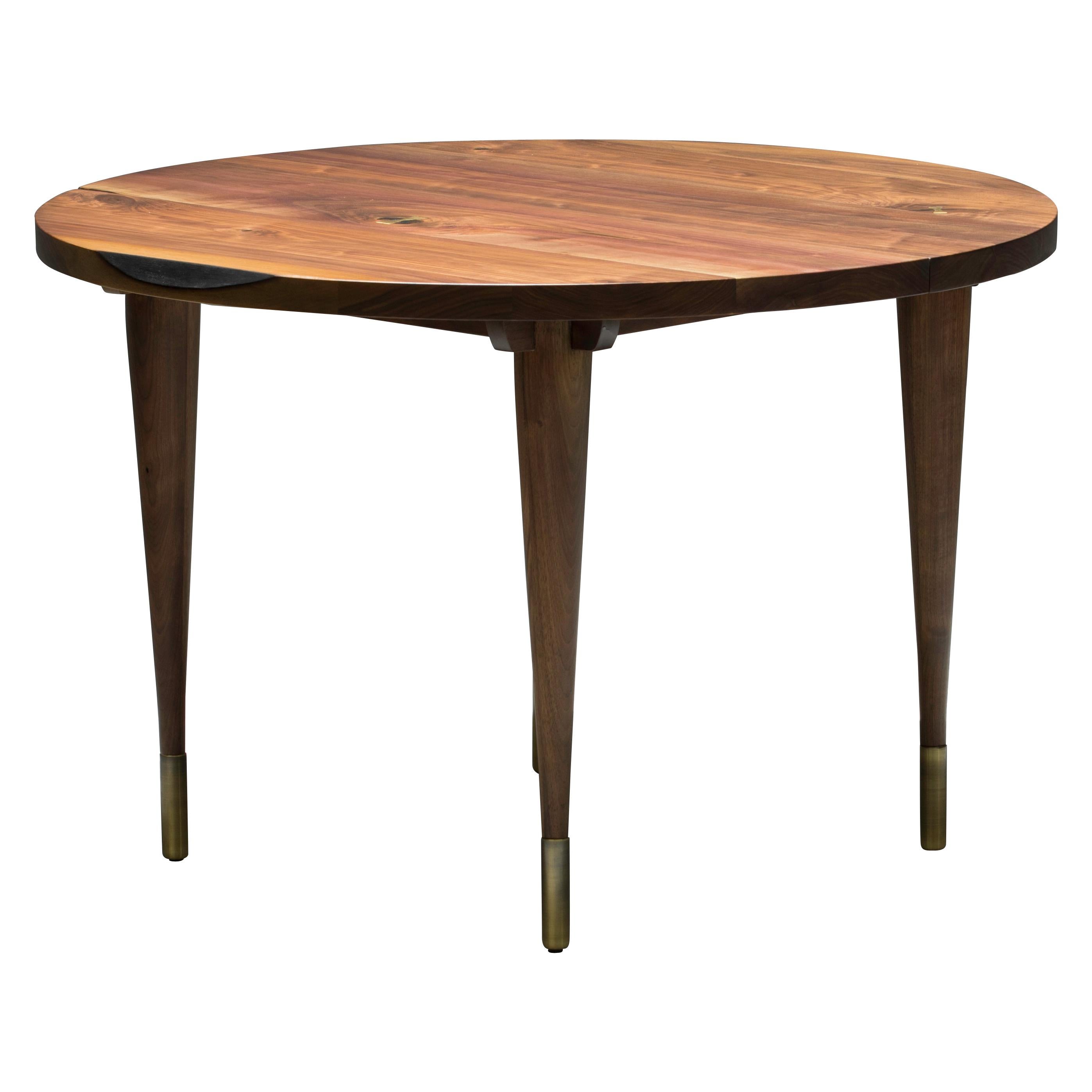 Circle Walnut Expanding Dining Table w/ Brass Capped Legs "Warren Dining Table" For Sale