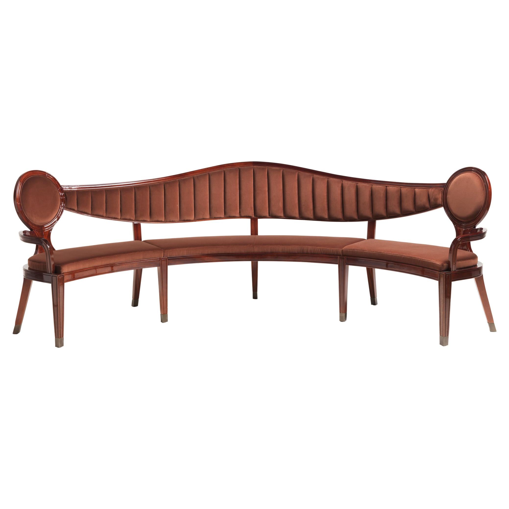 CIRCLE BOW Brown Mahogany Curved Bench with Velvet Seat and Back