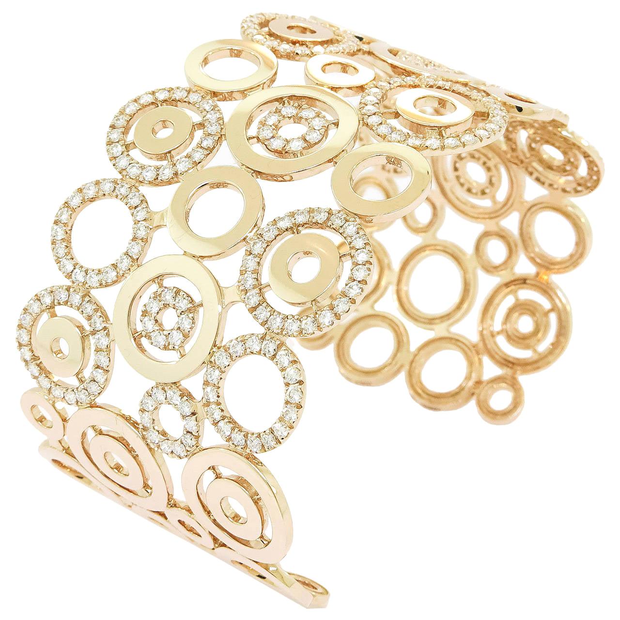 Circles Design Diamond 18 Karat Rose Gold Wide Open Cuff Bracelet