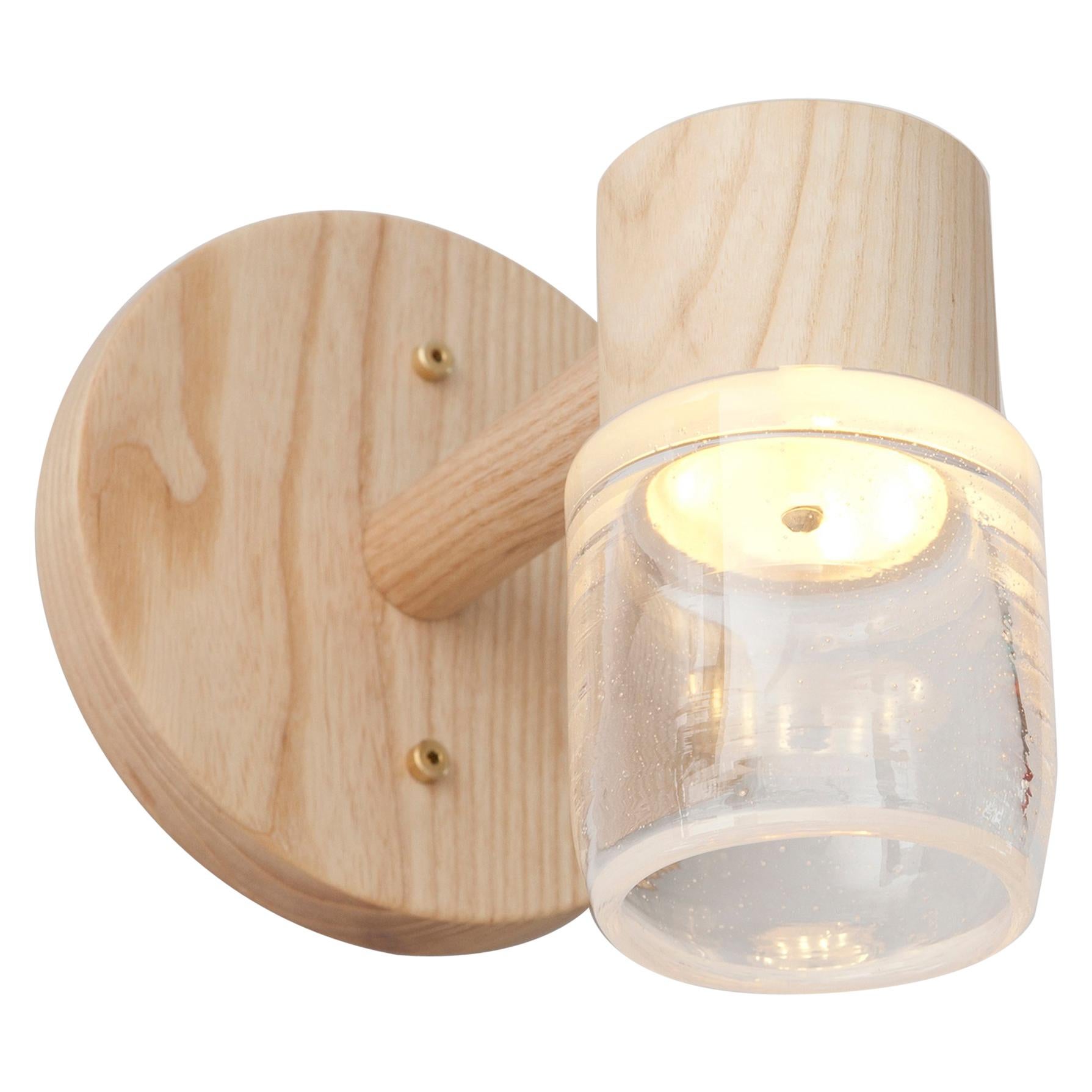 Circlet Single Sconce Clear Blown Glass Wood Led Lighting Contemporary For Sale