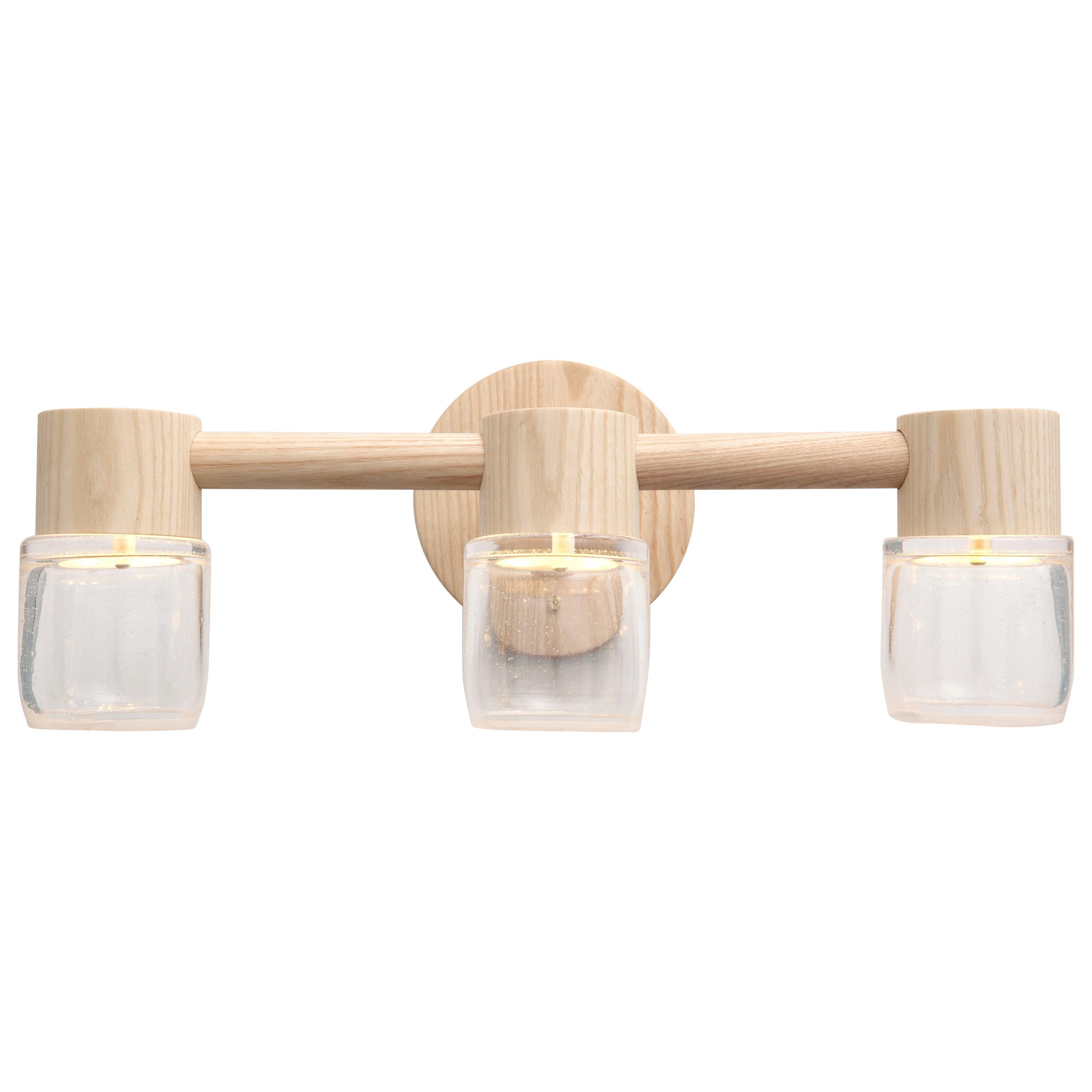 Circlet Triple Sconce Clear Blown Glass Wood LED Lighting Contemporary
