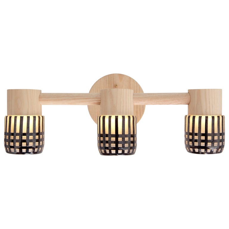 Circlet Triple Sconce Grid Blown Glass Wood LED Lighting Contemporary For Sale
