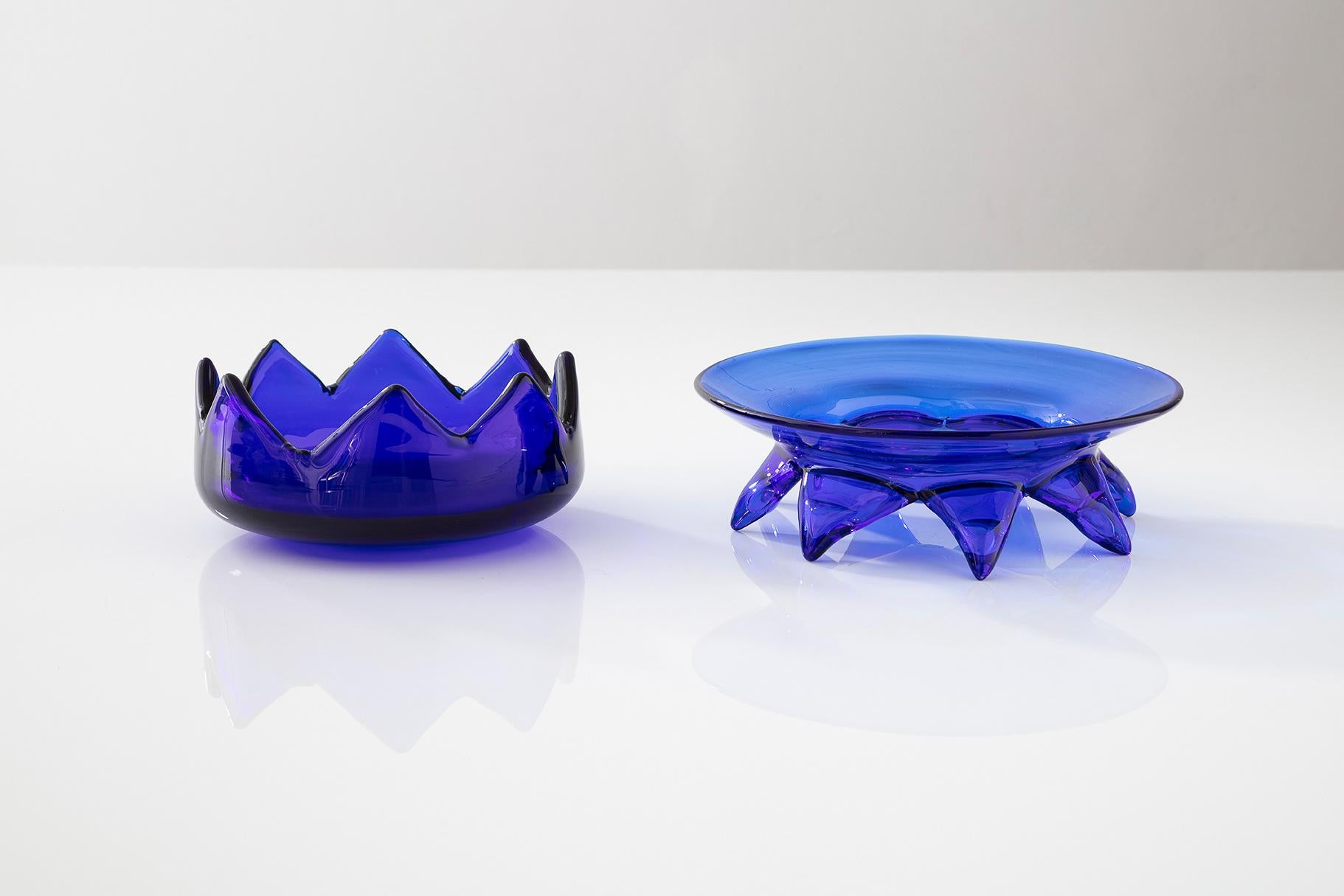 American Hand Blown Glass Ashtray 'Circling Mountains in Blue' For Sale