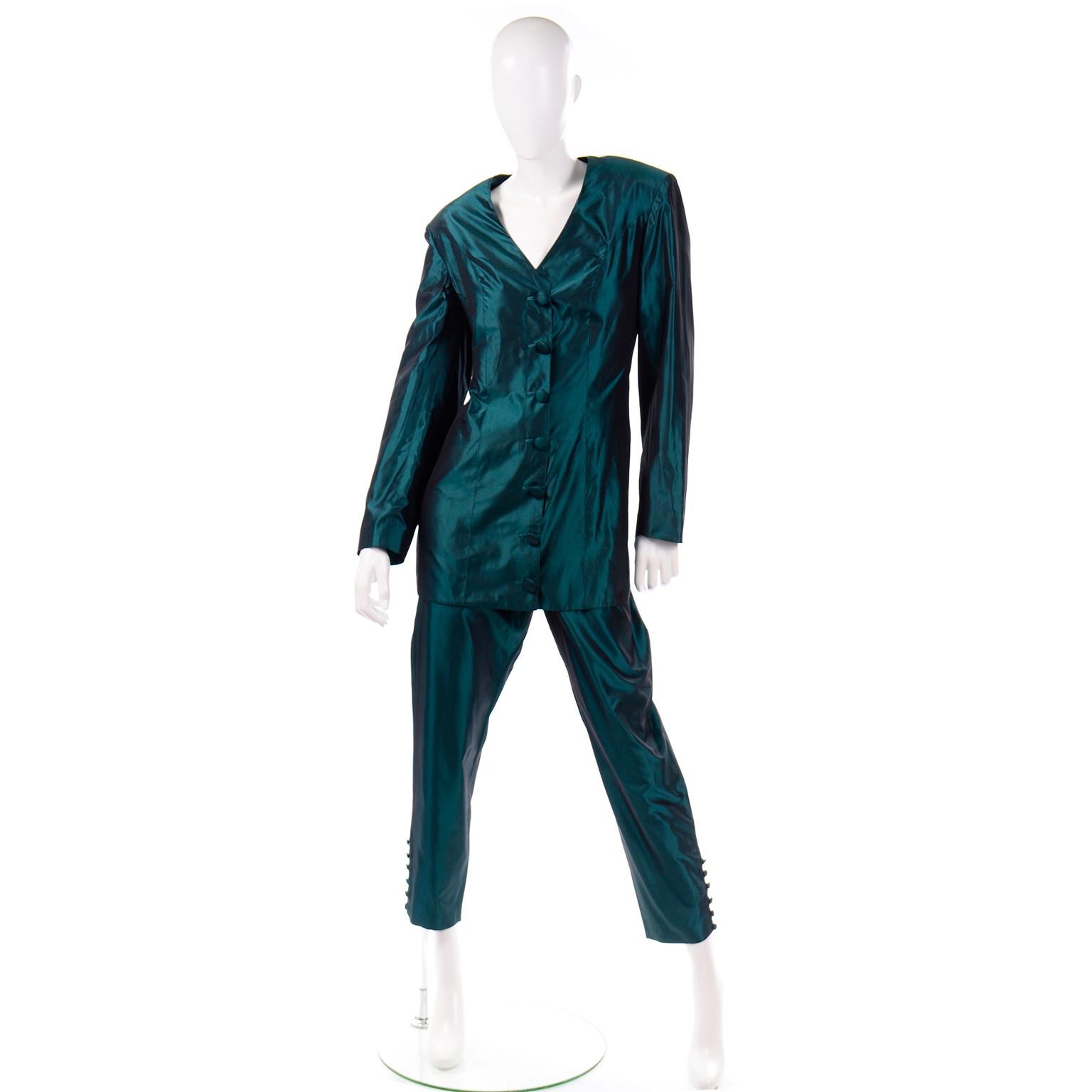green silk pant suit