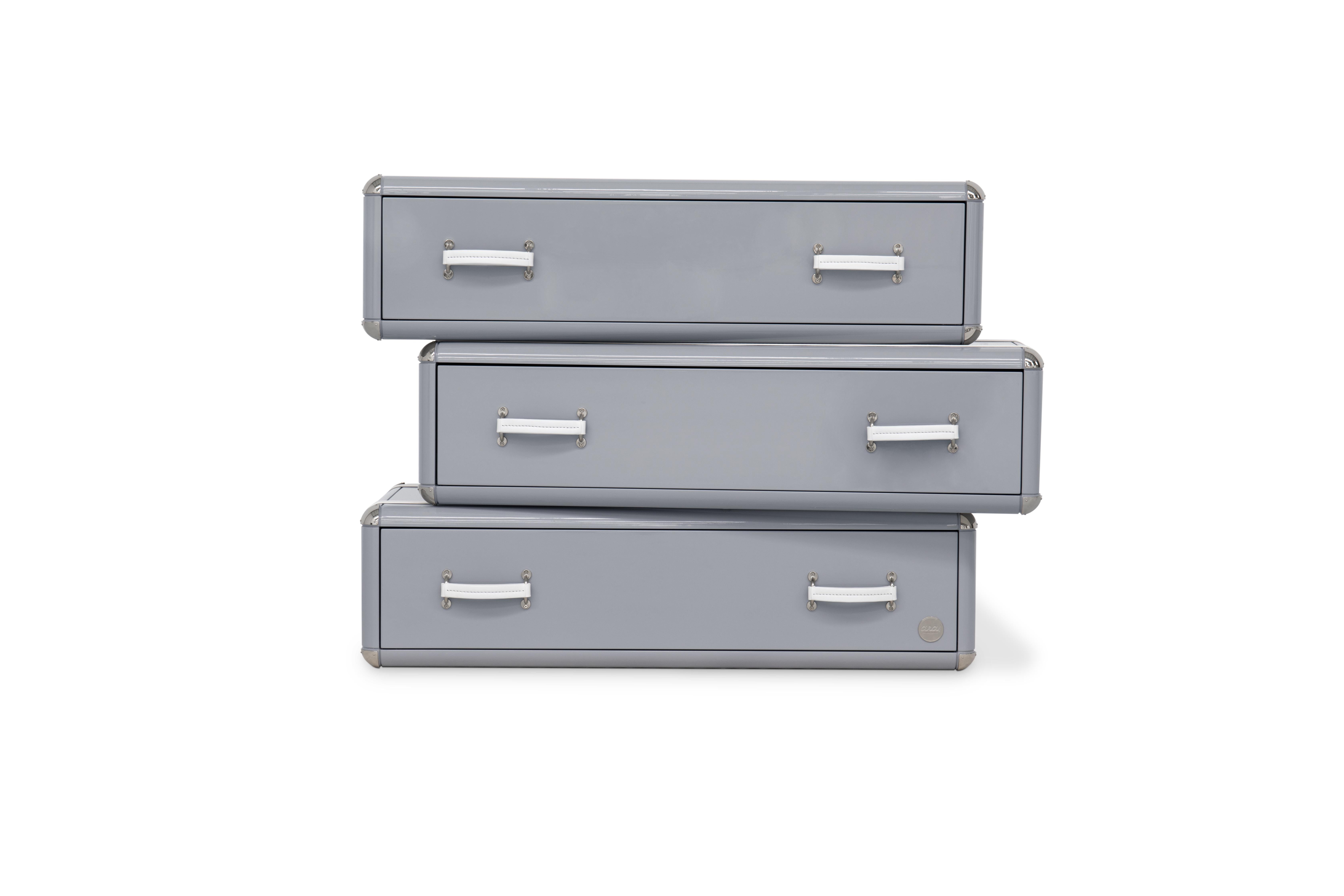 Metal Sky Three-Drawers Kids Chest in Gray Lacquered Finish by Circu Magical Furniture For Sale