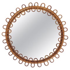 Circular and Undulating Wicker and Bamboo Wall Mirror, Italy, 1950s