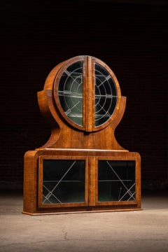 Circular Art Deco Liquor Cabinet With Leaded Glass Doors