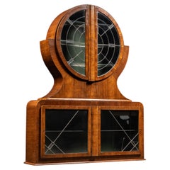 Circular Art Deco Liquor Cabinet With Leaded Glass Doors