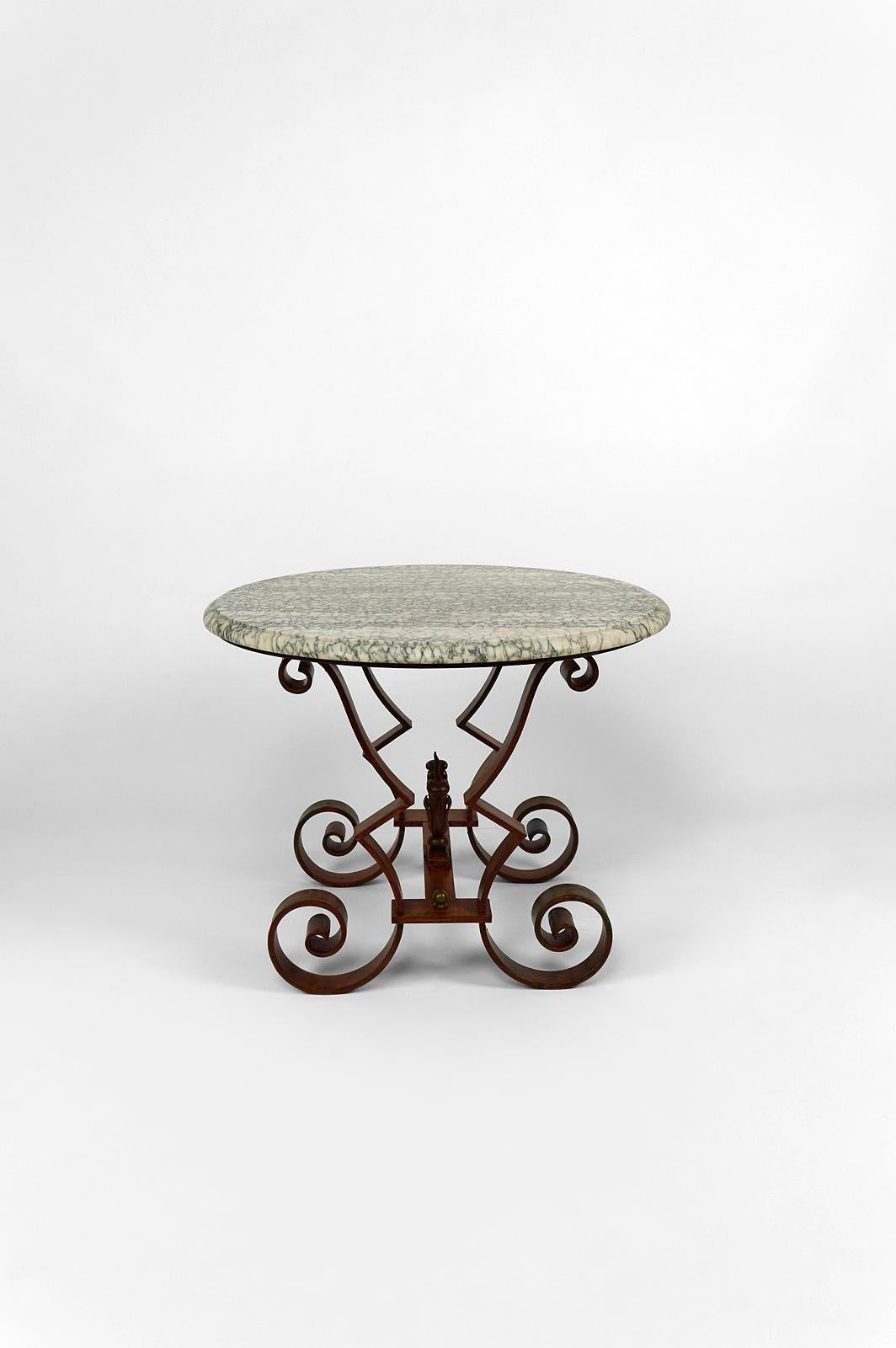 Circular Art Deco Pedestal Table in Marble and Wrought Iron, France, circa 1940 For Sale 13