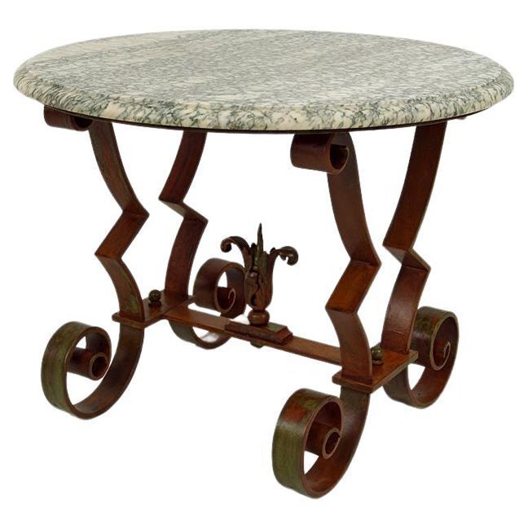 Circular Art Deco Pedestal Table in Marble and Wrought Iron, France