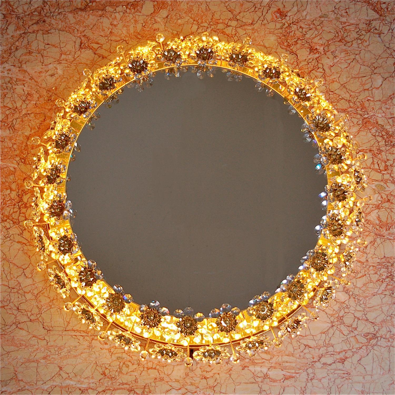 Mid-Century Modern Circular Backlit Mirror with Crystal Flowers by Palwa, circa 1960s