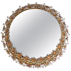 Circular Backlit Mirror with Crystal Flowers by Palwa, circa 1960s