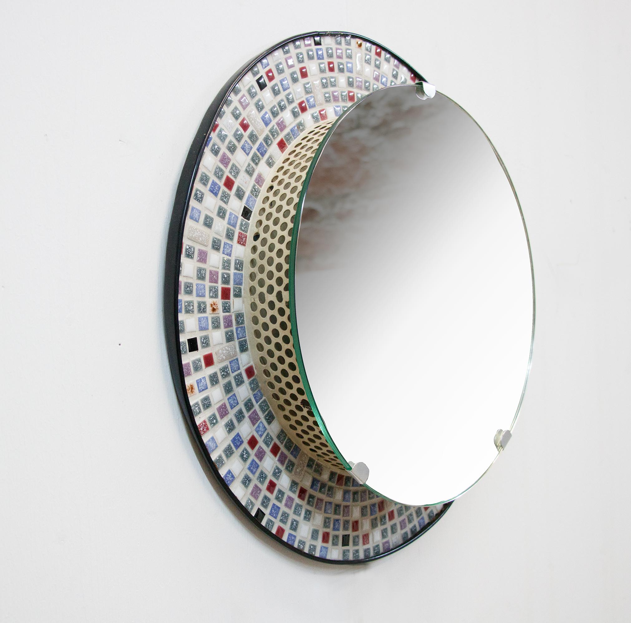 Mid-20th Century Circular Mosaic Backlit Mirror Glass and Perforated Metal, Germany 1950s For Sale