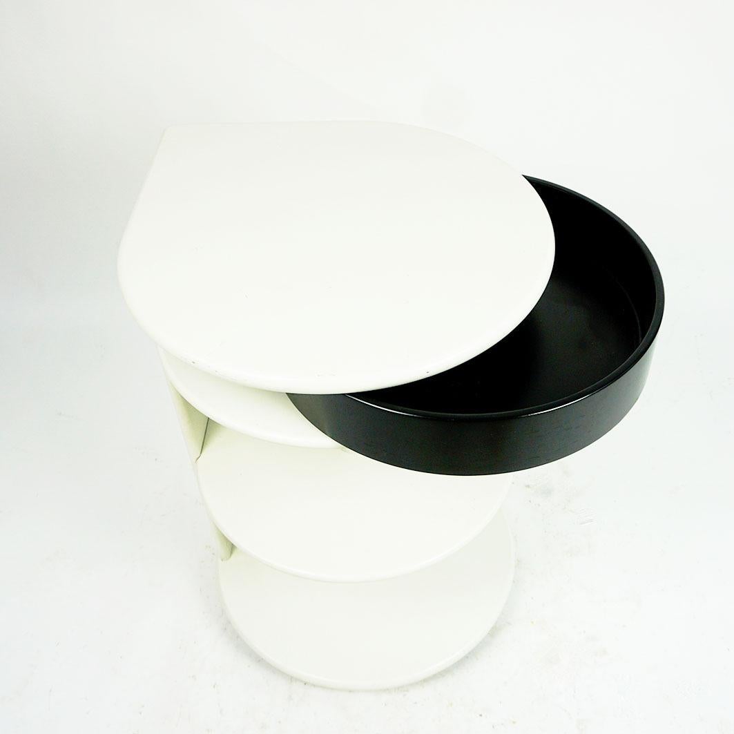 Lacquered Circular Black and White Italian Postmodern Side Table or Nightstand For Sale