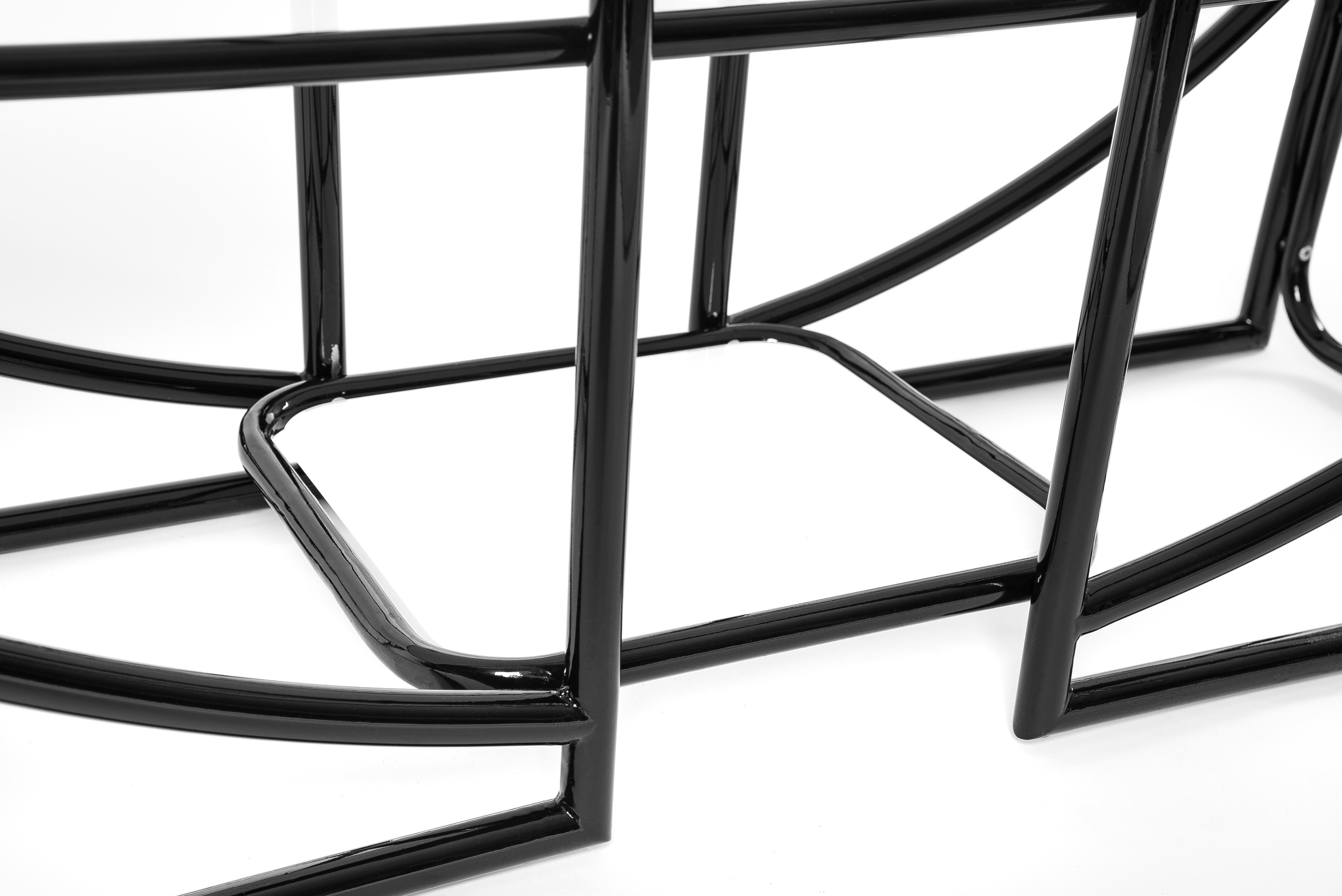 black etagere with glass shelves
