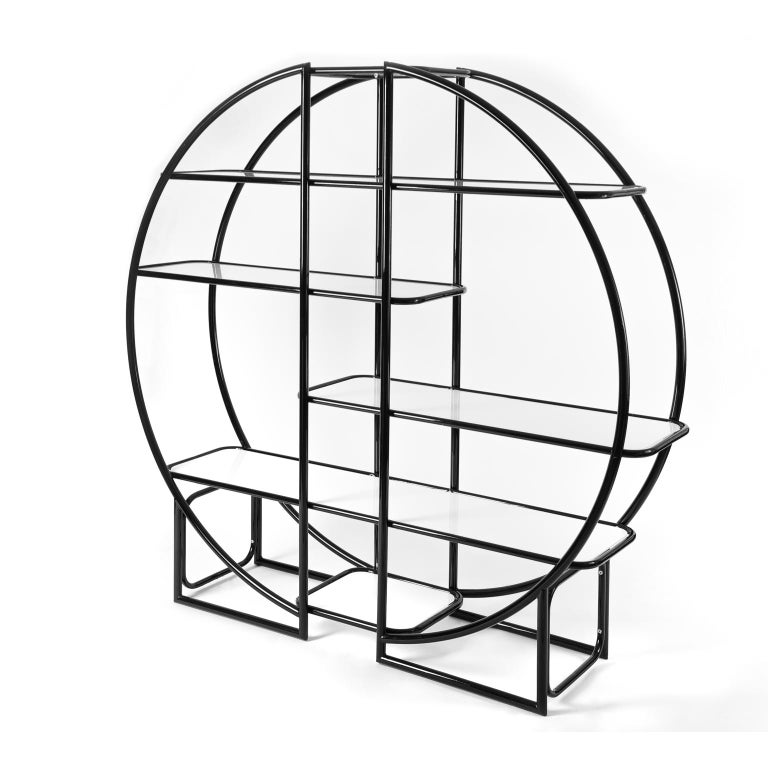 Circular Black Étagère with Glass Display Shelves at 1stDibs