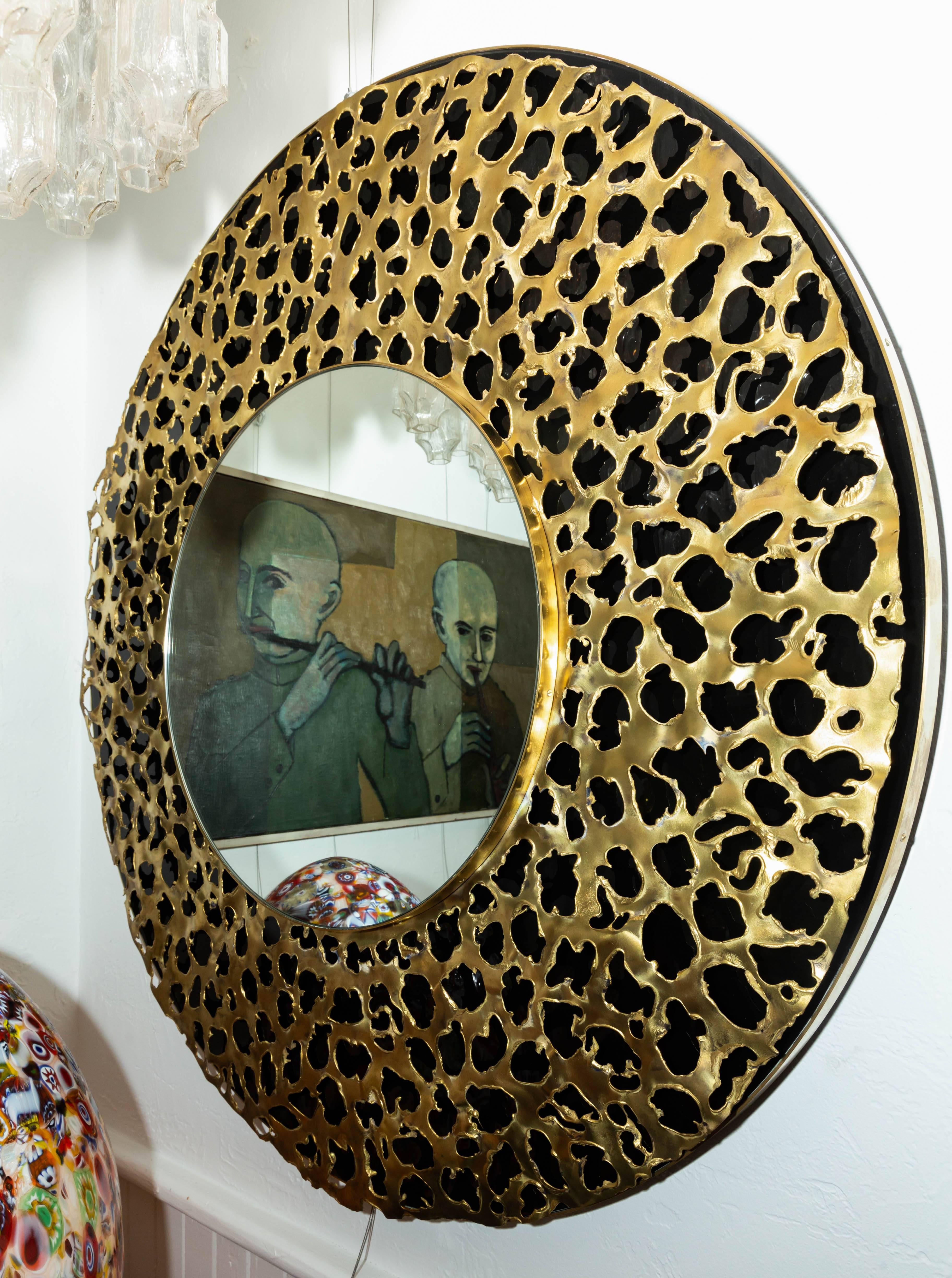 Italian Circular Black Mirror with Brass Brutalist Design