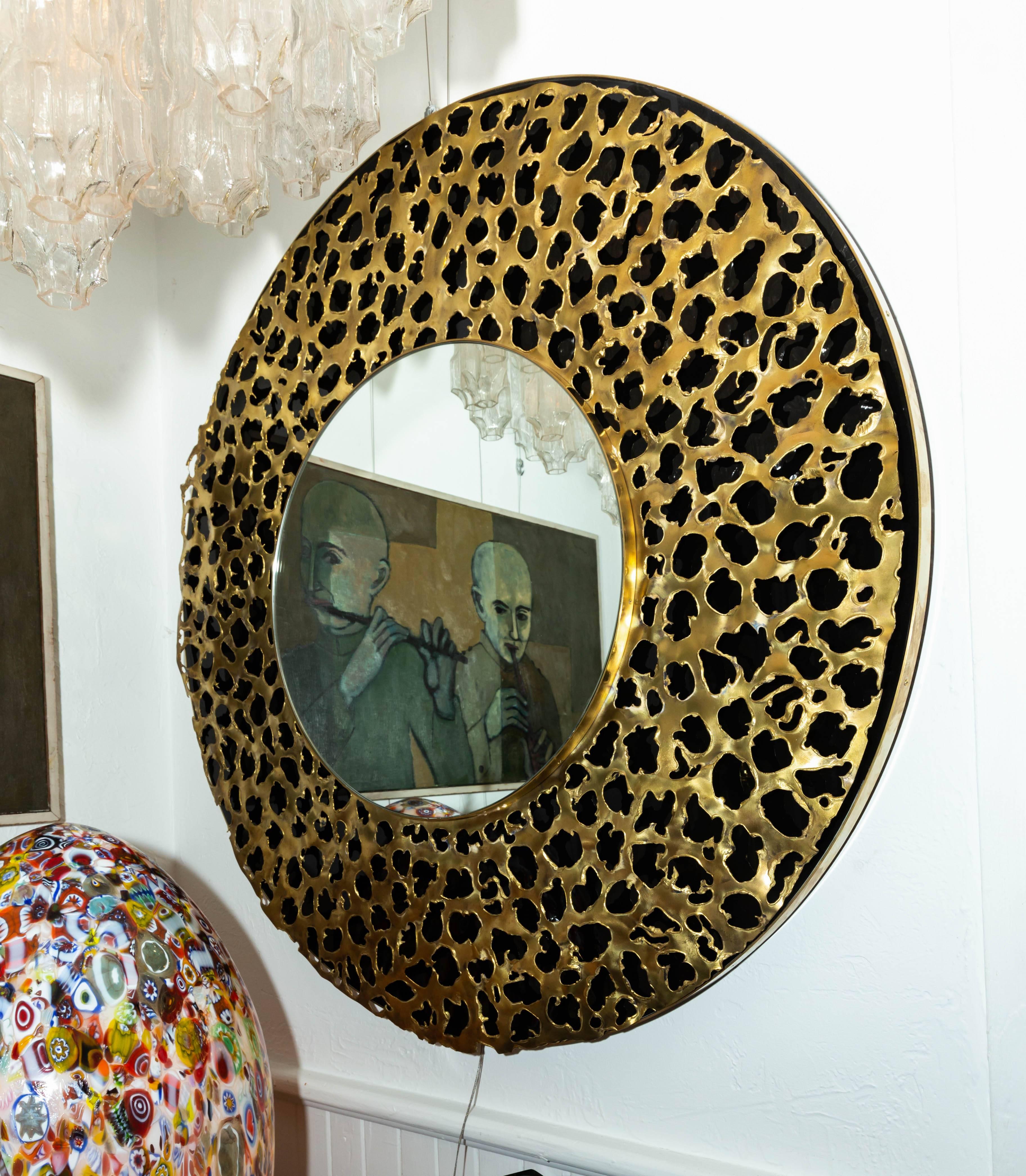 Circular Black Mirror with Brass Brutalist Design In Good Condition In Bridgehampton, NY