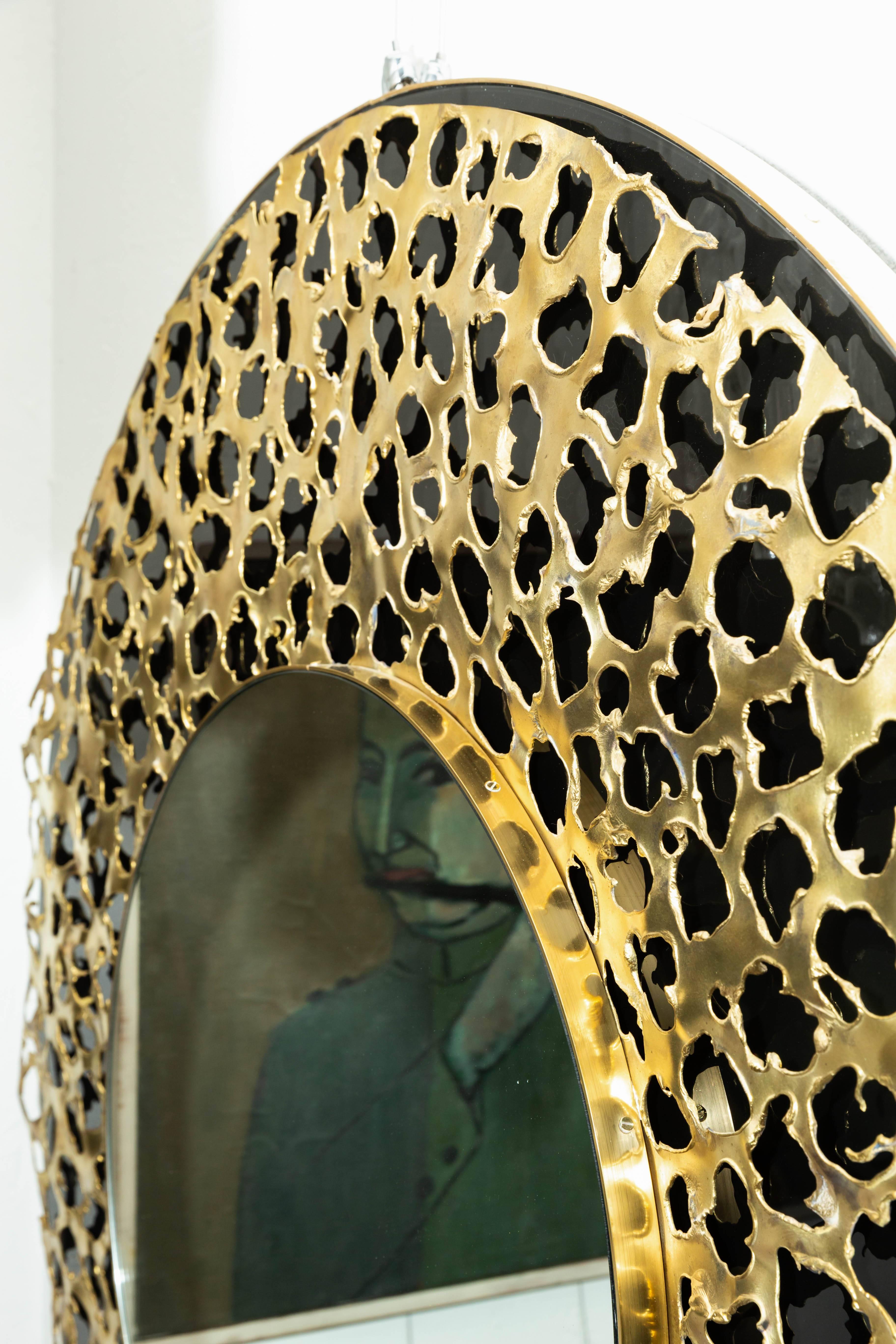 Circular Black Mirror with Brass Brutalist Design 1