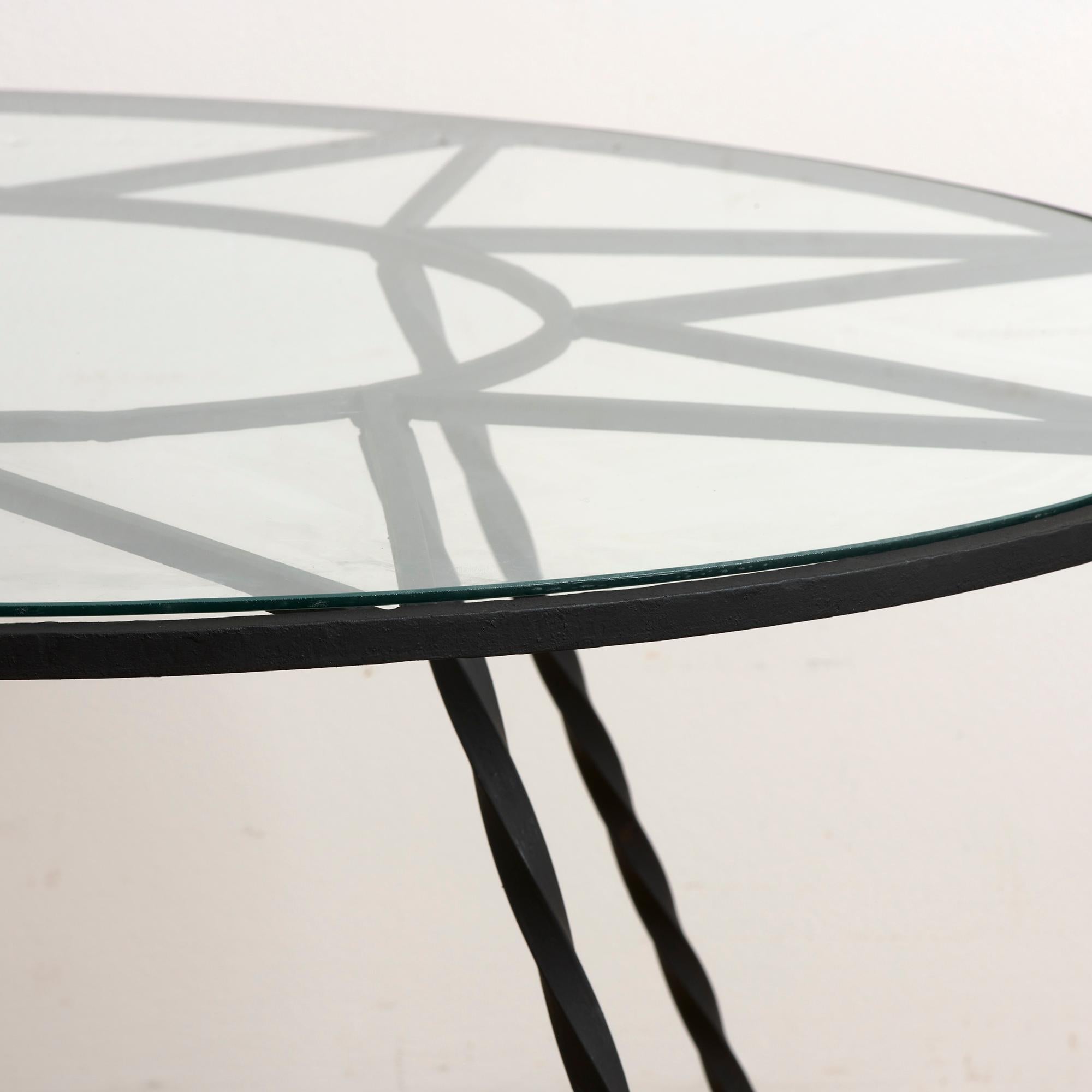 Mid-Century Modern Circular, Black Steel Coffee Table, Glass Top, 'Jean Royere Style' France, 1950s