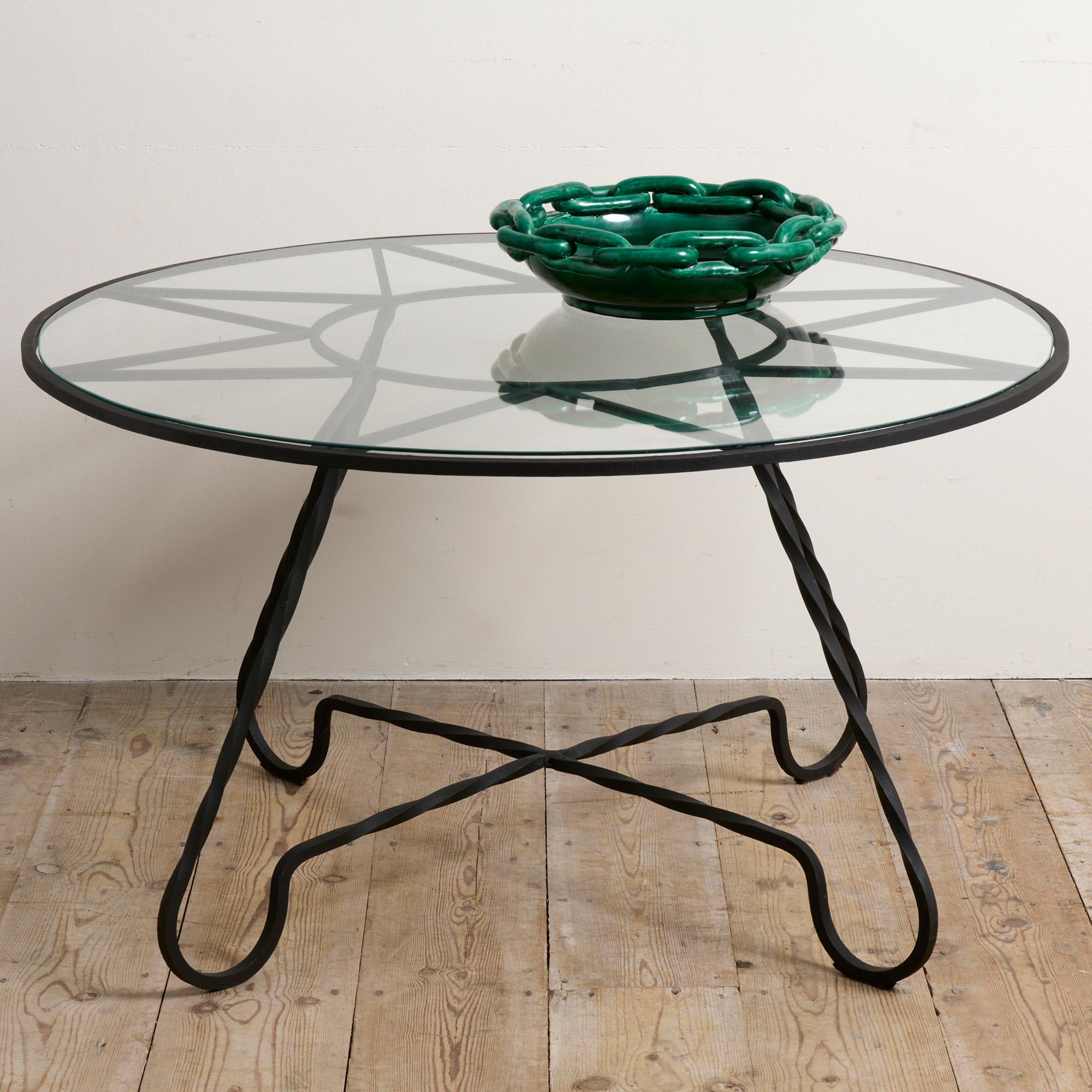 Circular, Black Steel Coffee Table, Glass Top, 'Jean Royere Style' France, 1950s In Good Condition In London, GB