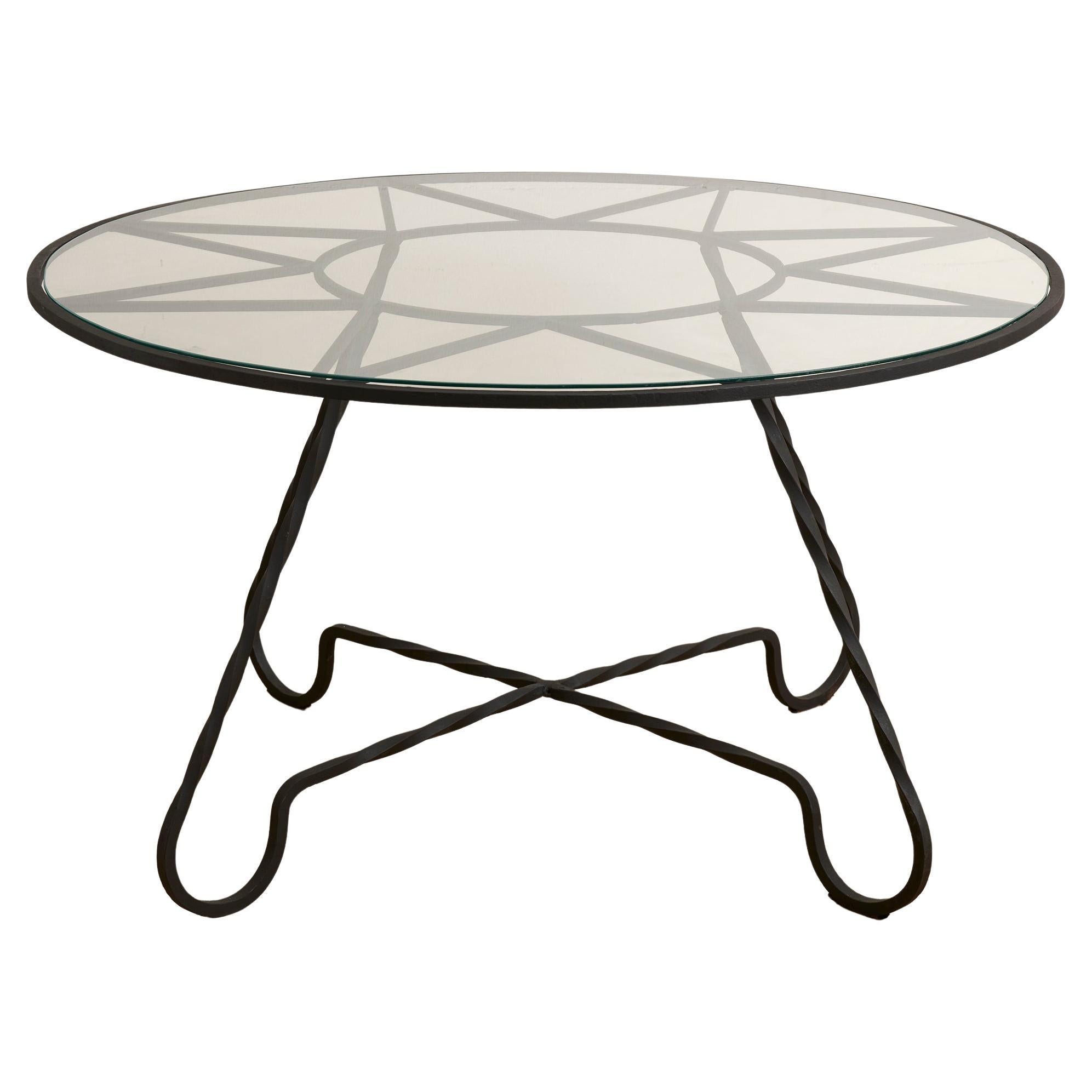 Circular, Black Steel Coffee Table, Glass Top, 'Jean Royere Style' France, 1950s