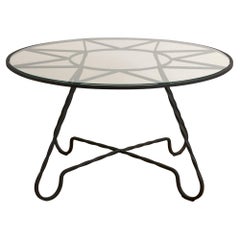 Vintage Circular, Black Steel Coffee Table, Glass Top, 'Jean Royere Style' France, 1950s