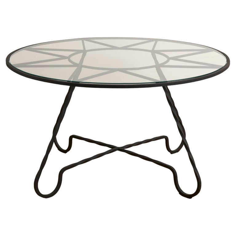 Circular, Black Steel Coffee Table, Glass Top, 'Jean Royere Style