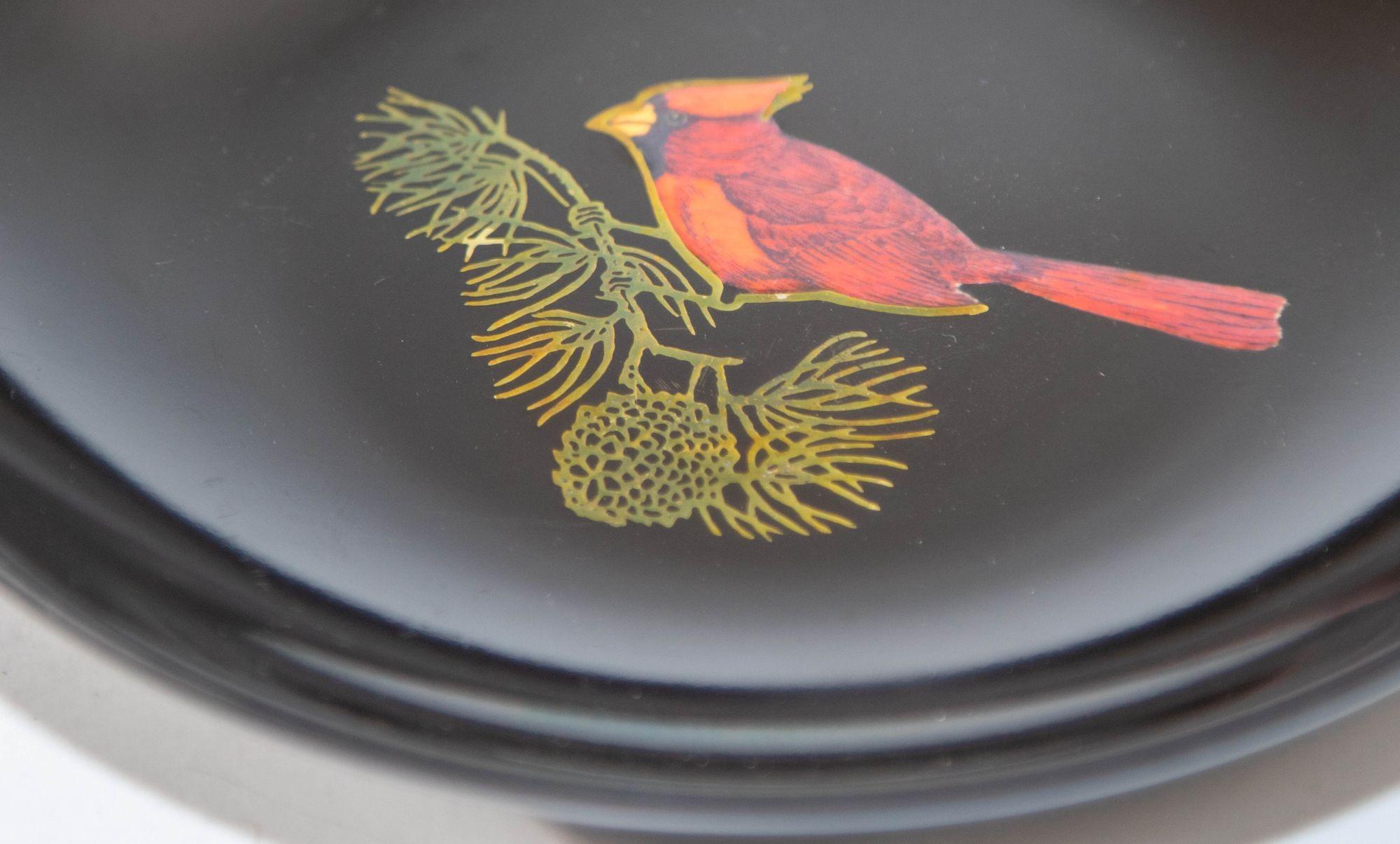 Midcentury Couroc of Monterey Inlaid Brass and Wood Cardinal Circular Tray.
Mid-Century Modern Couroc of Monterey California bird design barware serving black round tray.
A vintage mid century beautiful Couroc barware tray, platter, dish features