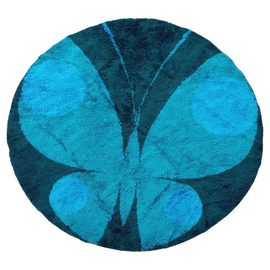 Circular blue carpet  with butterfly diameter of 275 cm. Denmark  wool  1960's For Sale