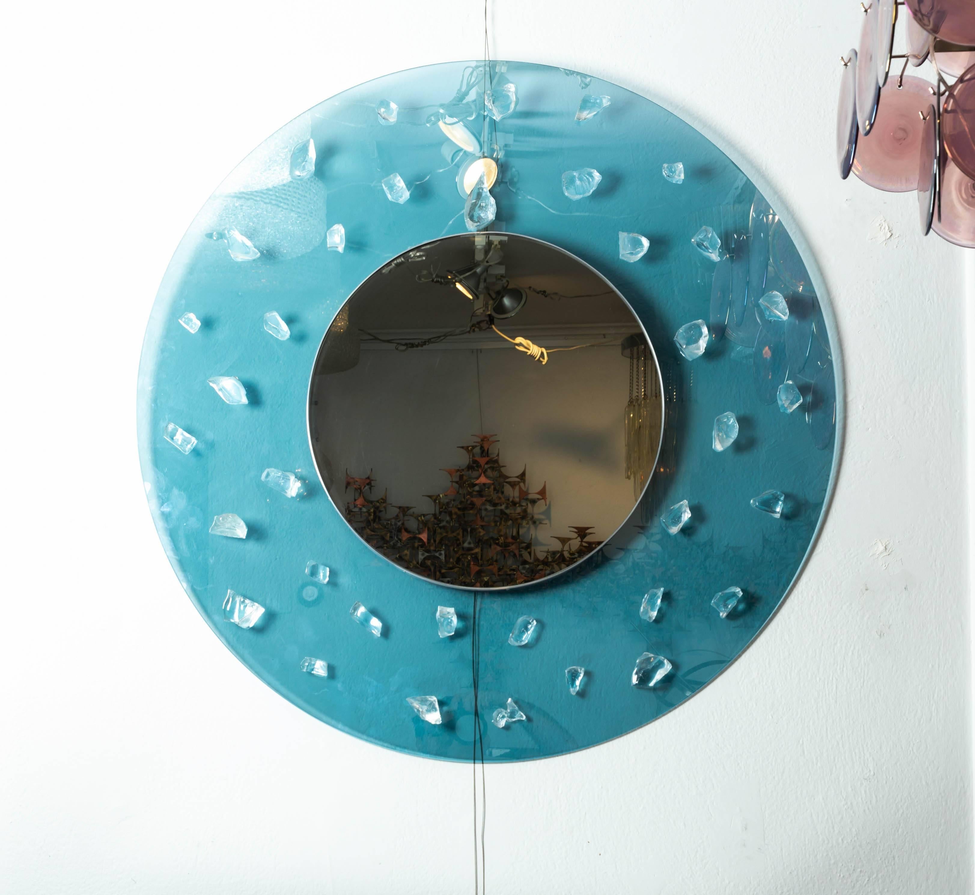 Mid-Century Modern Circular Blue Glass Surround Mirror with Applied Glass Fragments