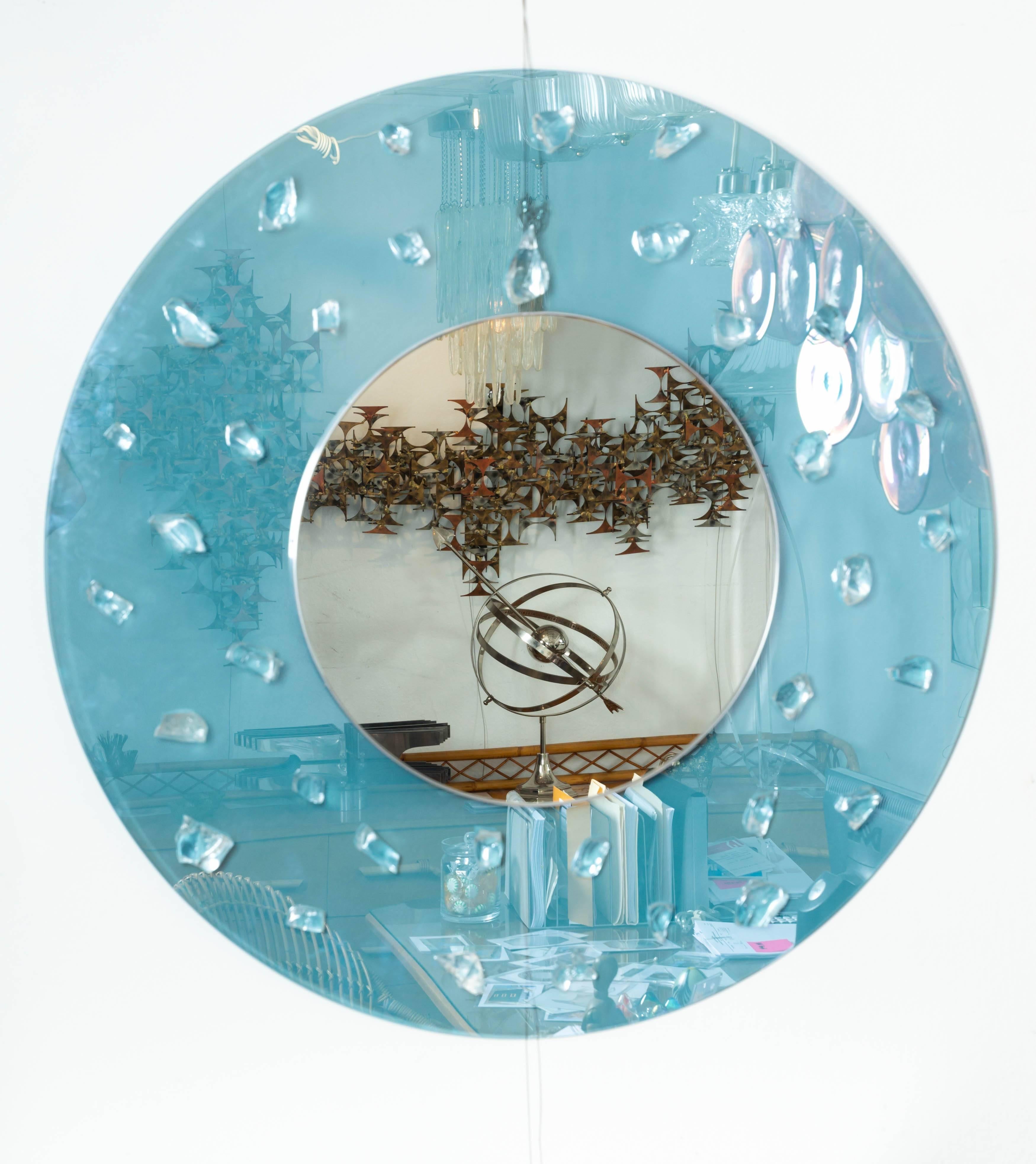 Italian Circular Blue Glass Surround Mirror with Applied Glass Fragments