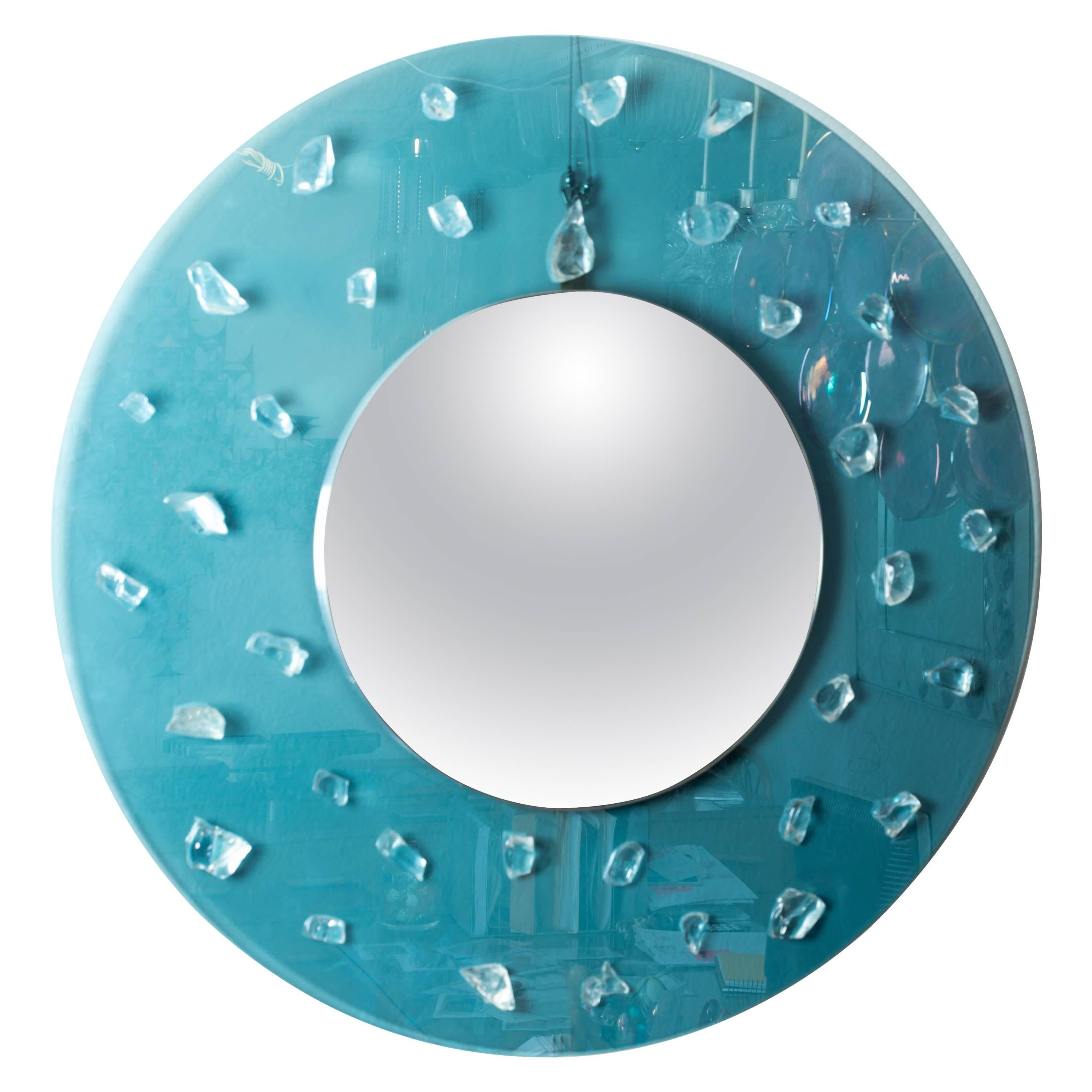 Circular Blue Glass Surround Mirror with Applied Glass Fragments