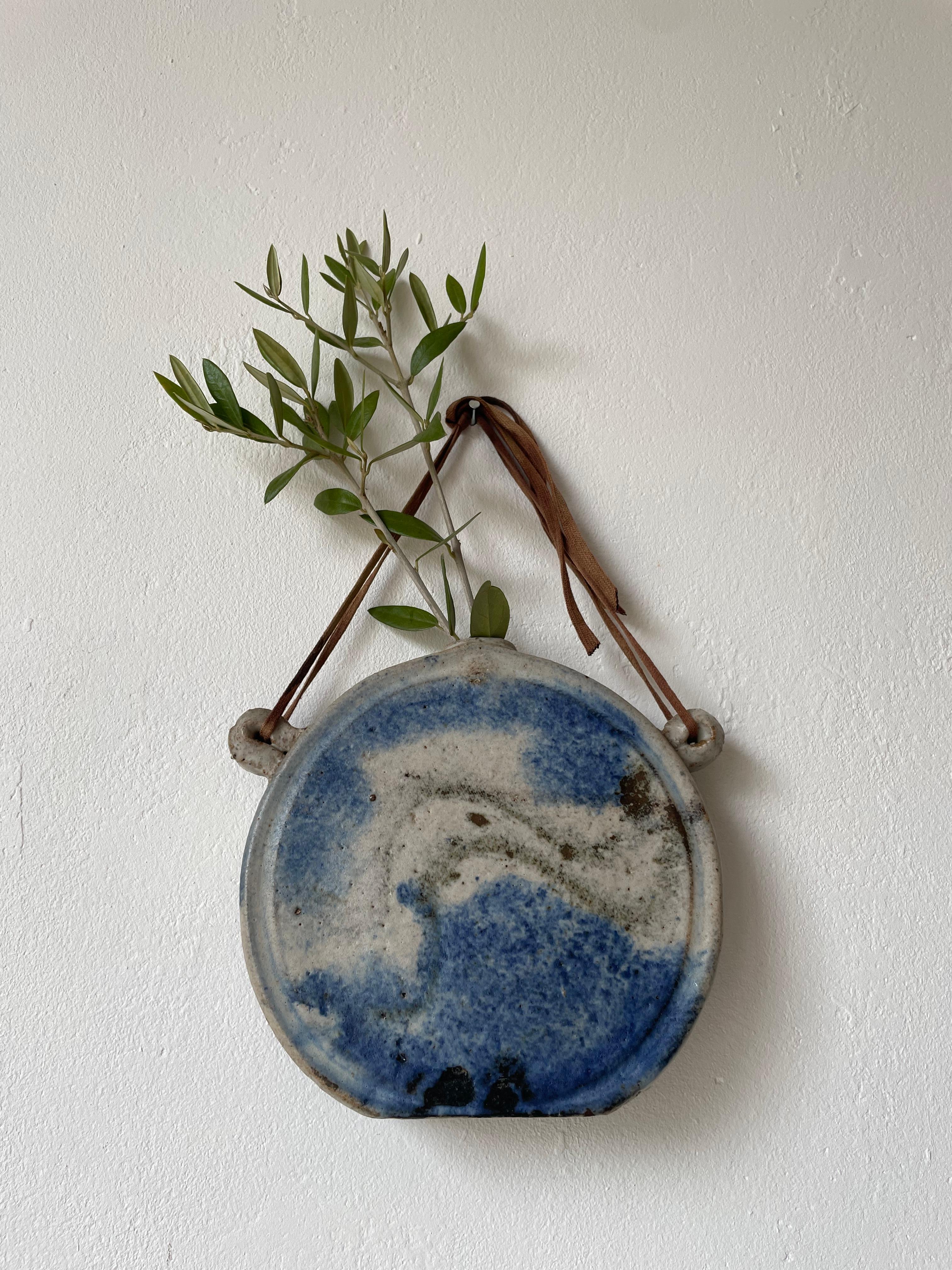 Post-Modern Circular Blue Organic Decor Ceramic Wall Vase, 1980s For Sale