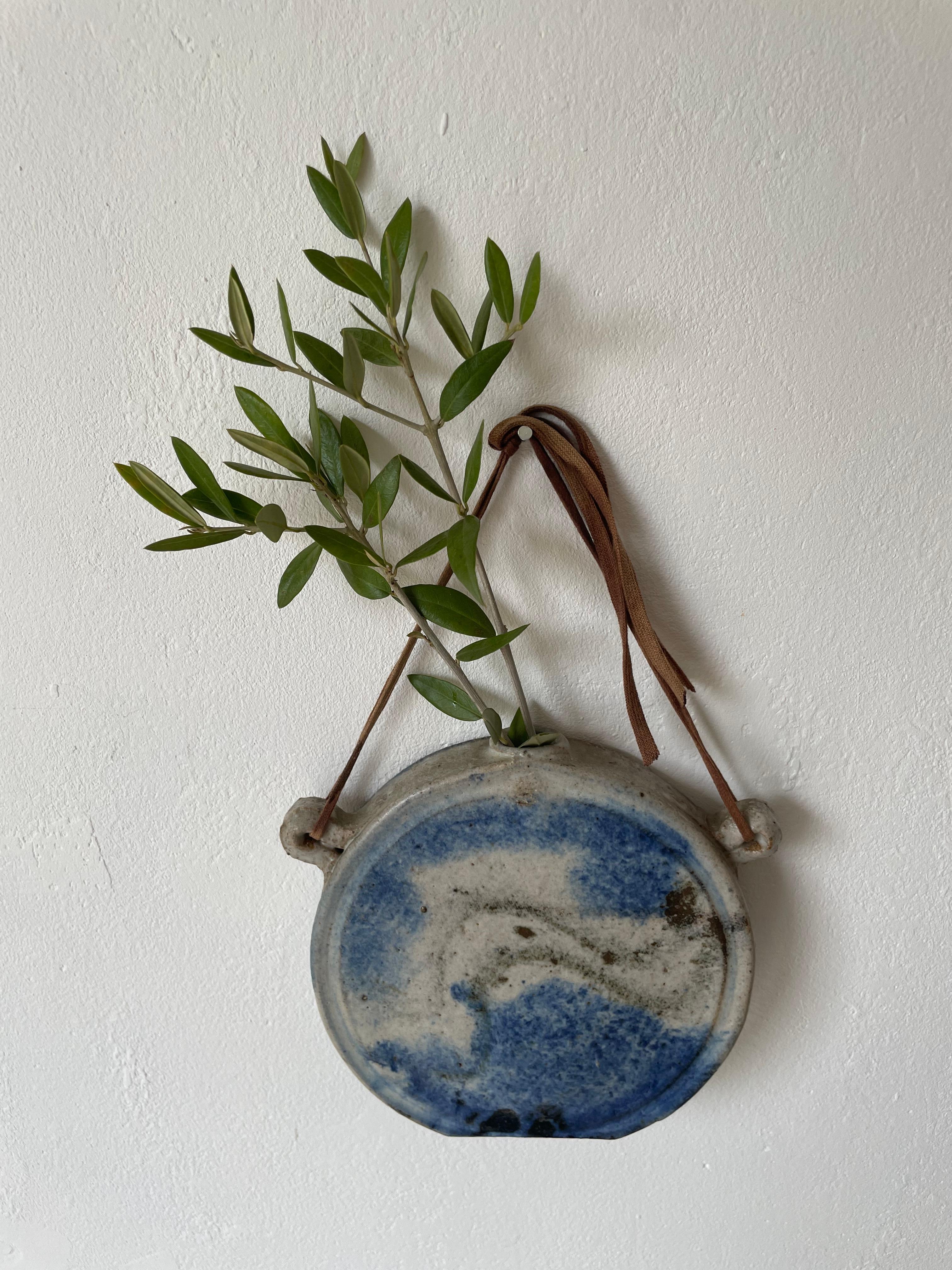 Scandinavian Circular Blue Organic Decor Ceramic Wall Vase, 1980s For Sale