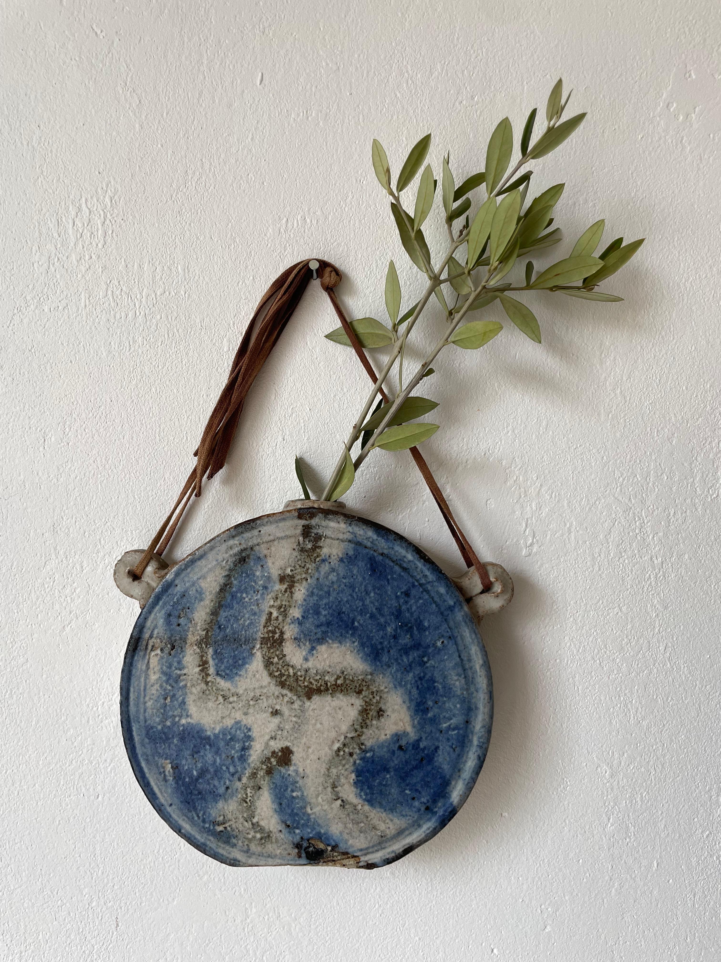 20th Century Circular Blue Organic Decor Ceramic Wall Vase, 1980s For Sale