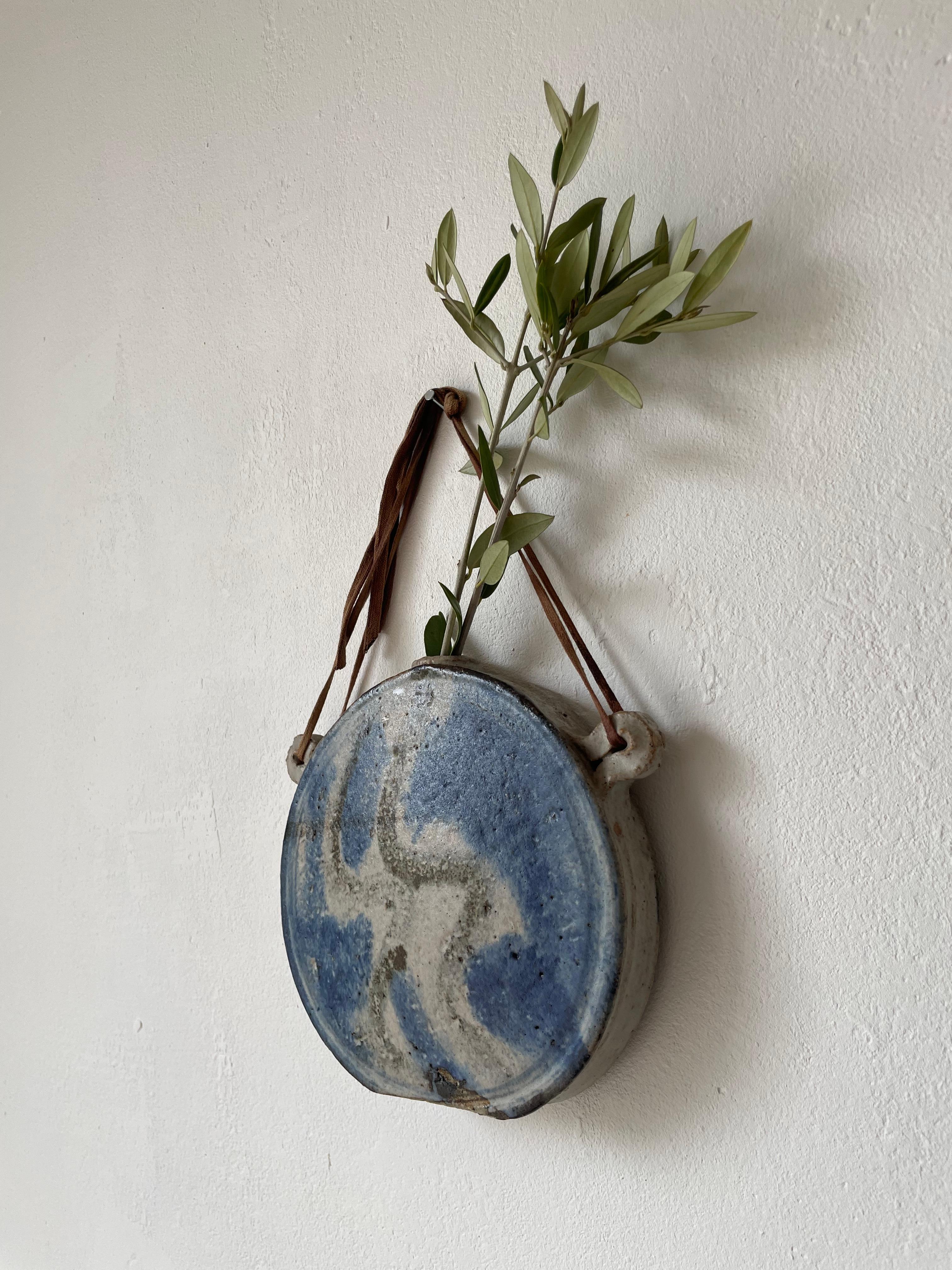 Stoneware Circular Blue Organic Decor Ceramic Wall Vase, 1980s For Sale