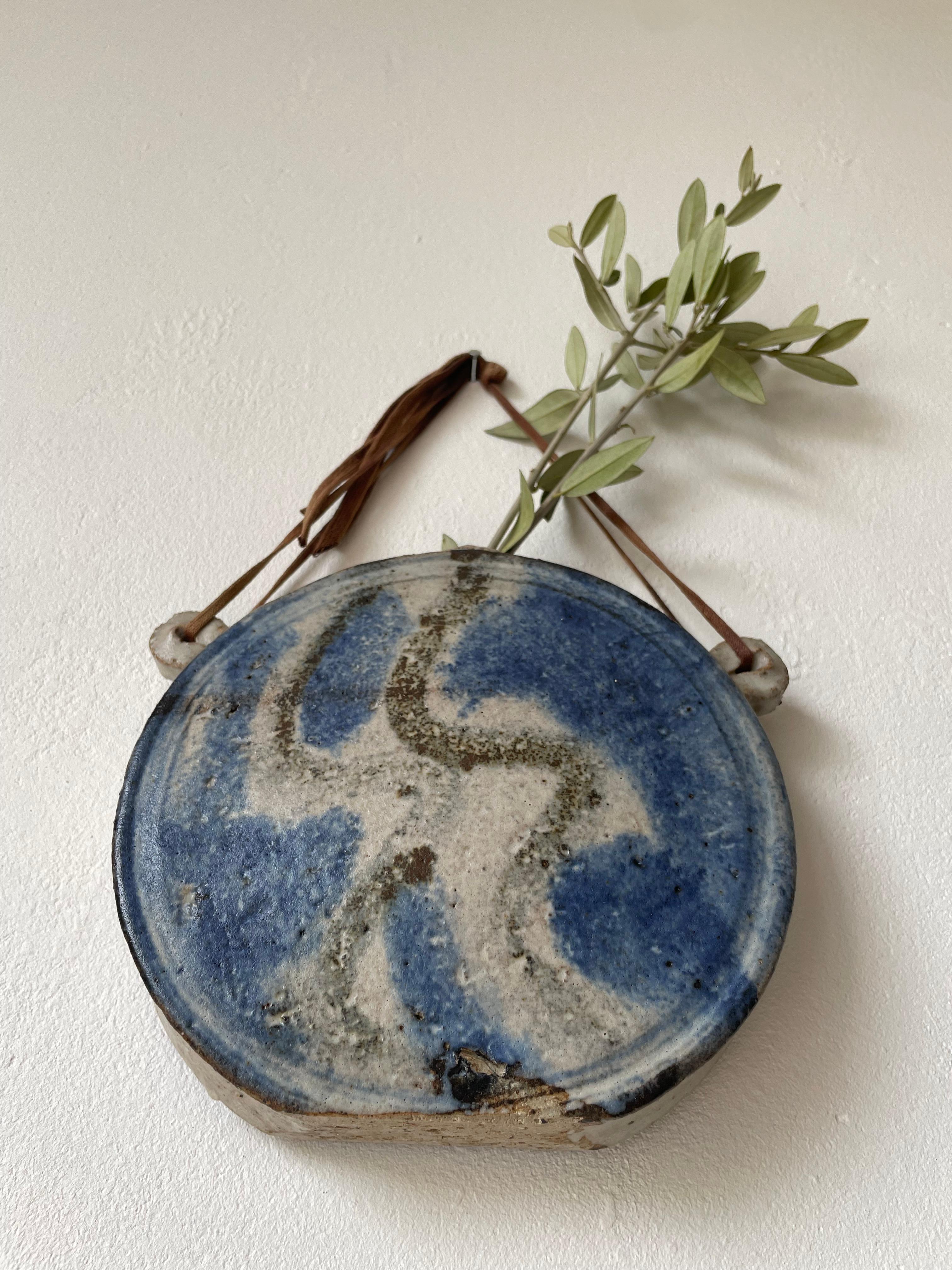 Circular Blue Organic Decor Ceramic Wall Vase, 1980s For Sale 1