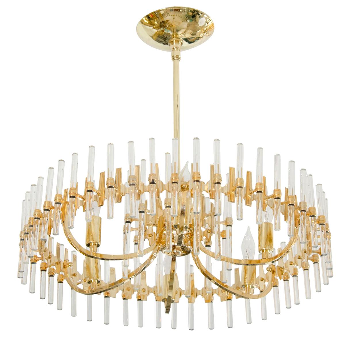 Circular Brass and Tubular Glass Chandelier