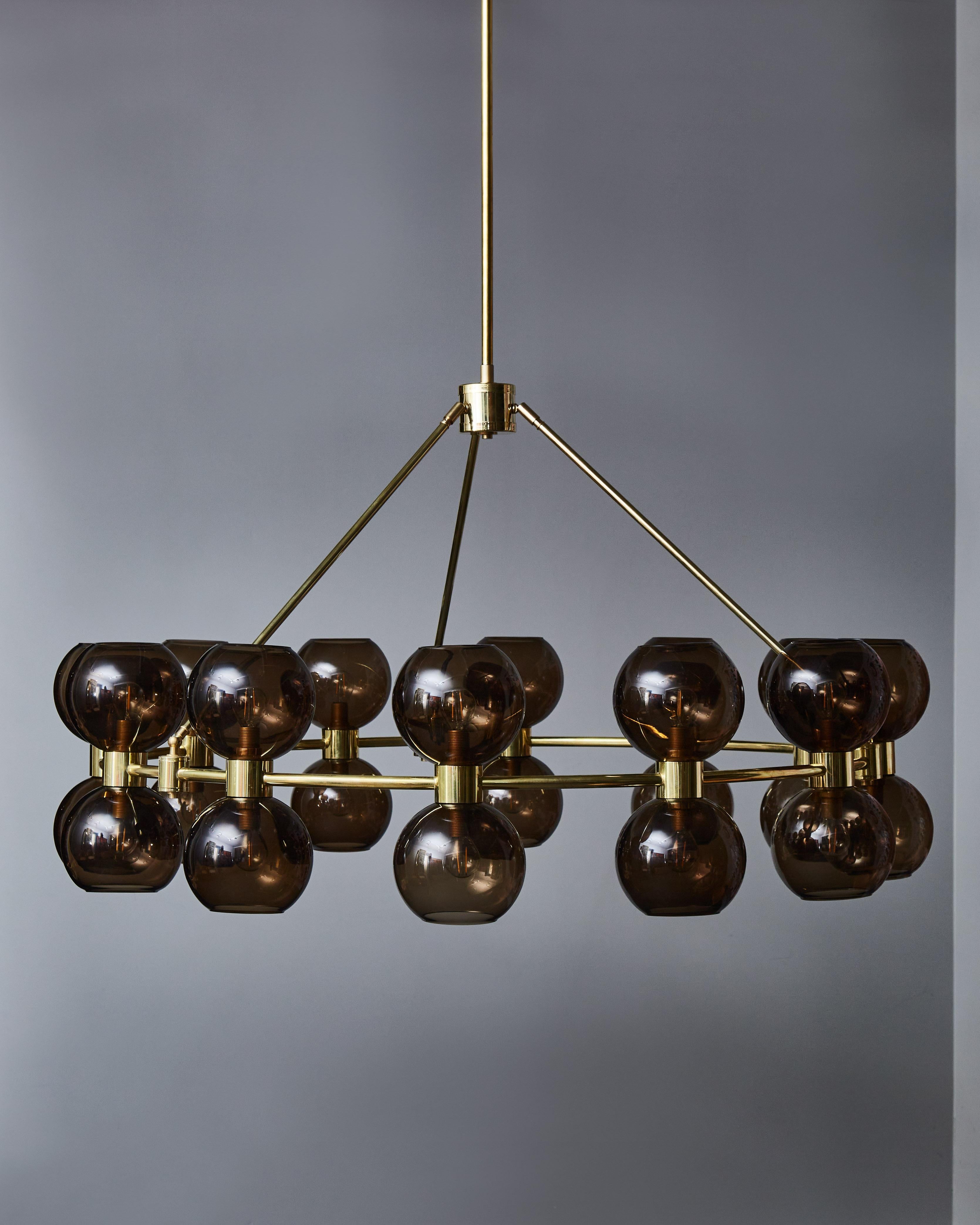 Modern Circular Brass Chandelier with Glass Globes For Sale