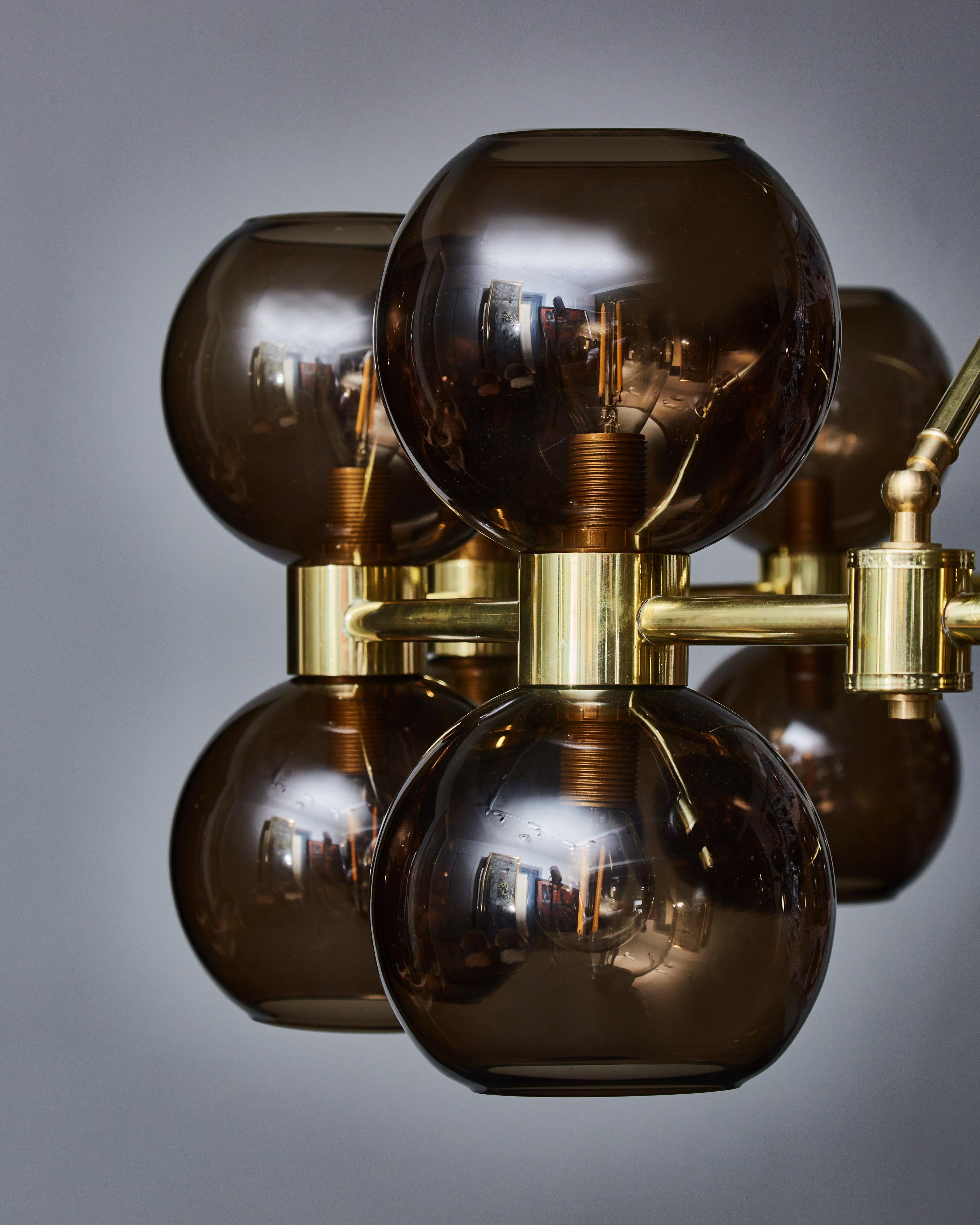 Italian Circular Brass Chandelier with Glass Globes For Sale