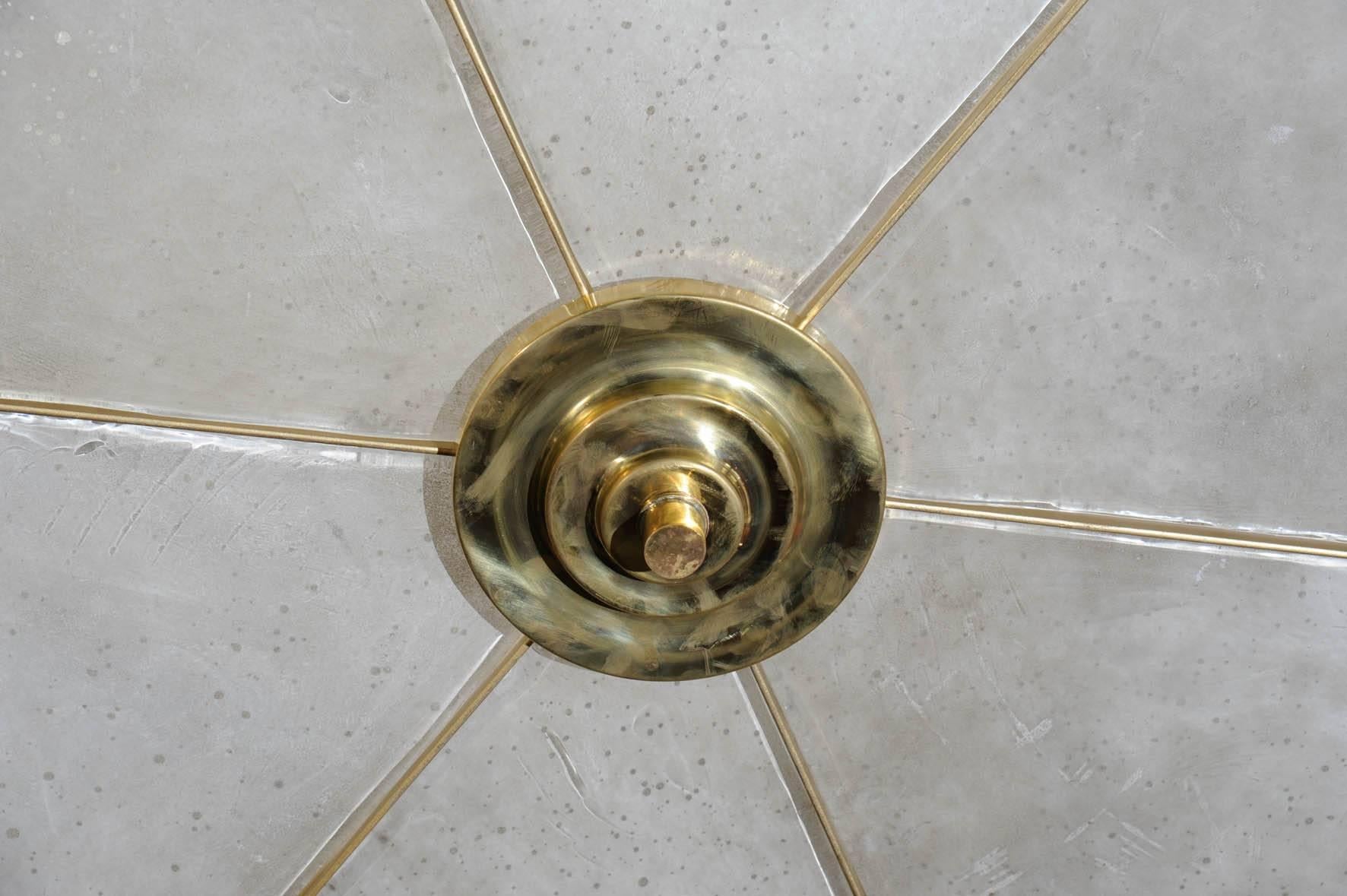 Mid-Century Modern Circular Brass Chandelier with Murano Glass Panels