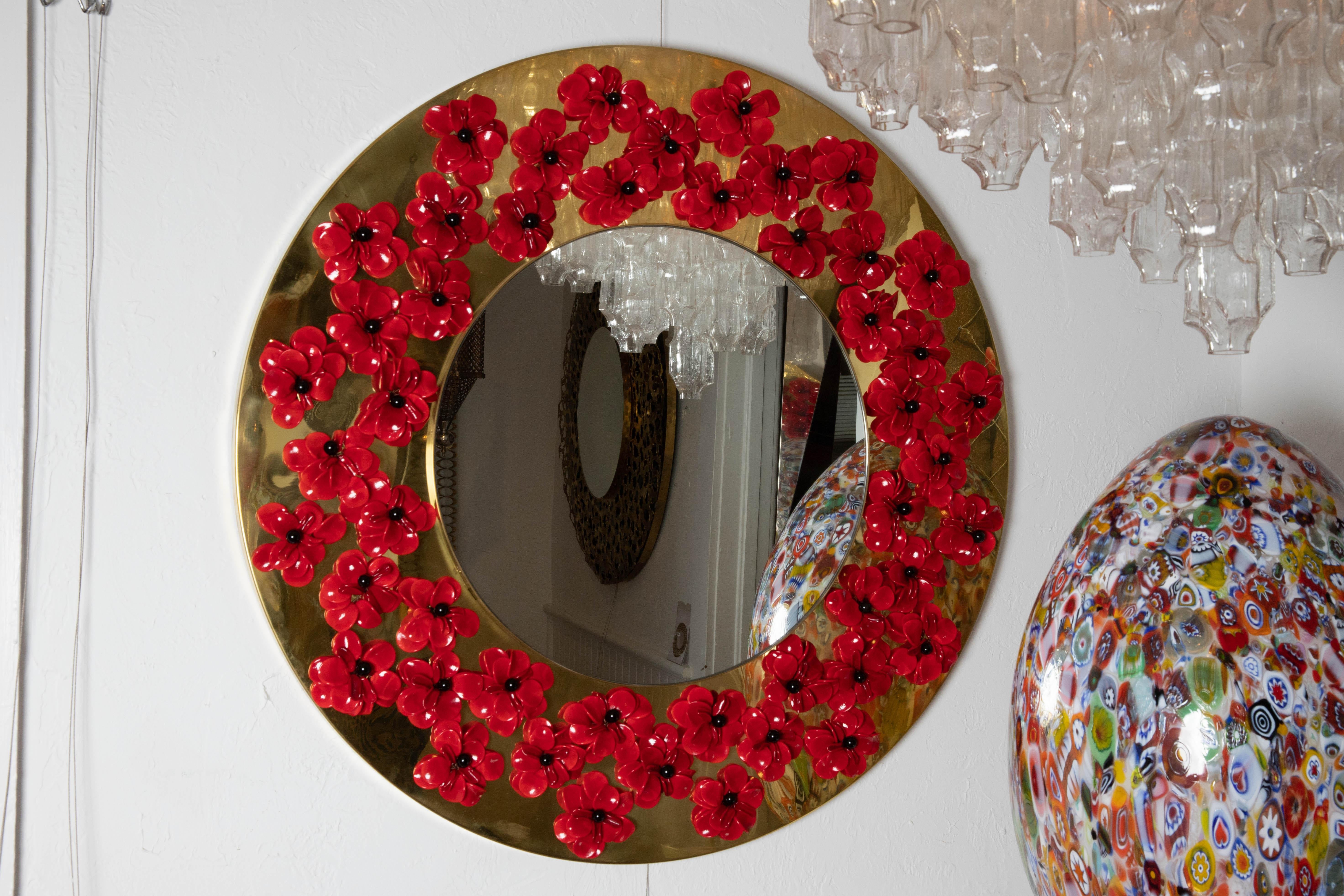 Modern Circular Brass Mirror with Murano Glass Flowers