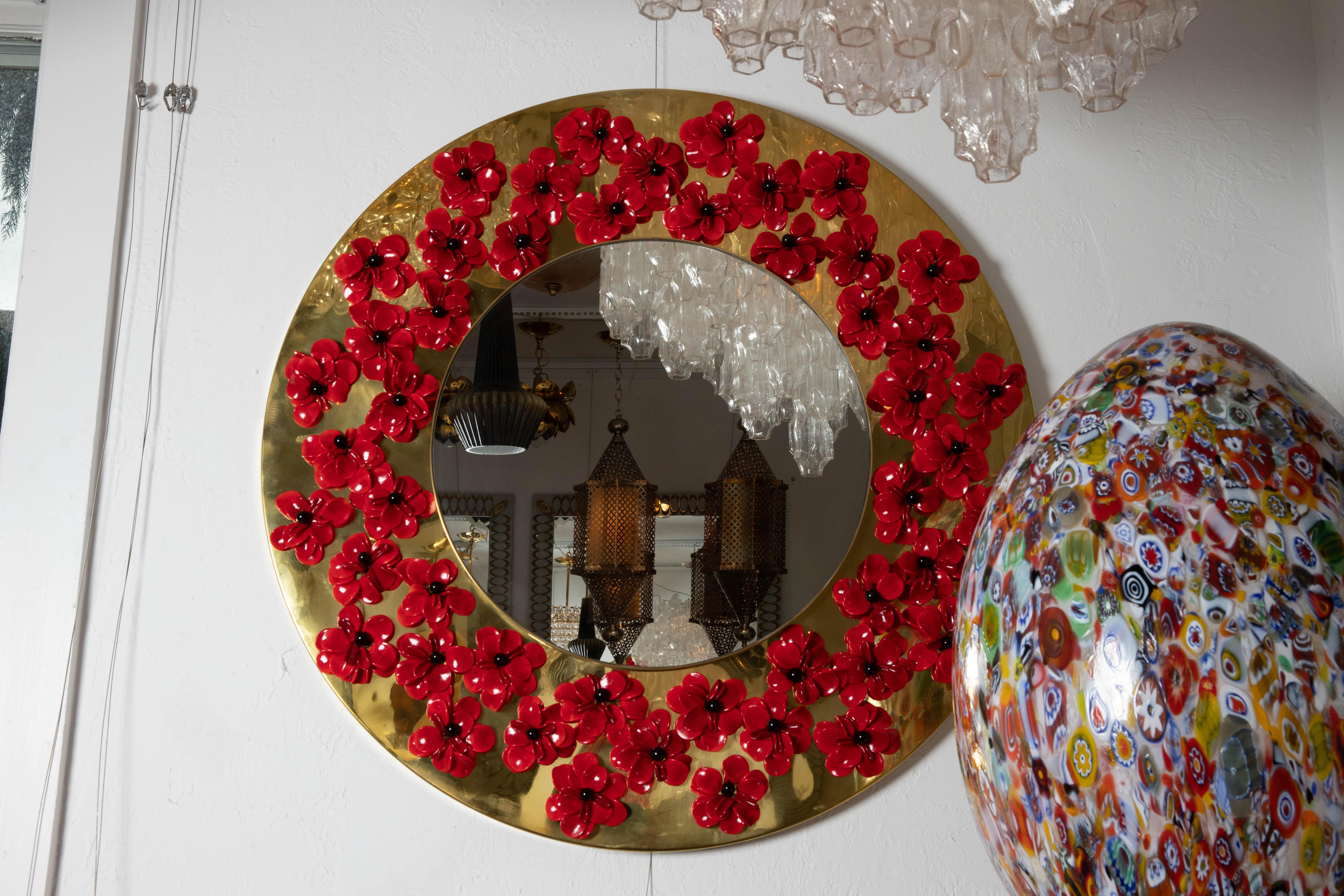 Italian Circular Brass Mirror with Murano Glass Flowers