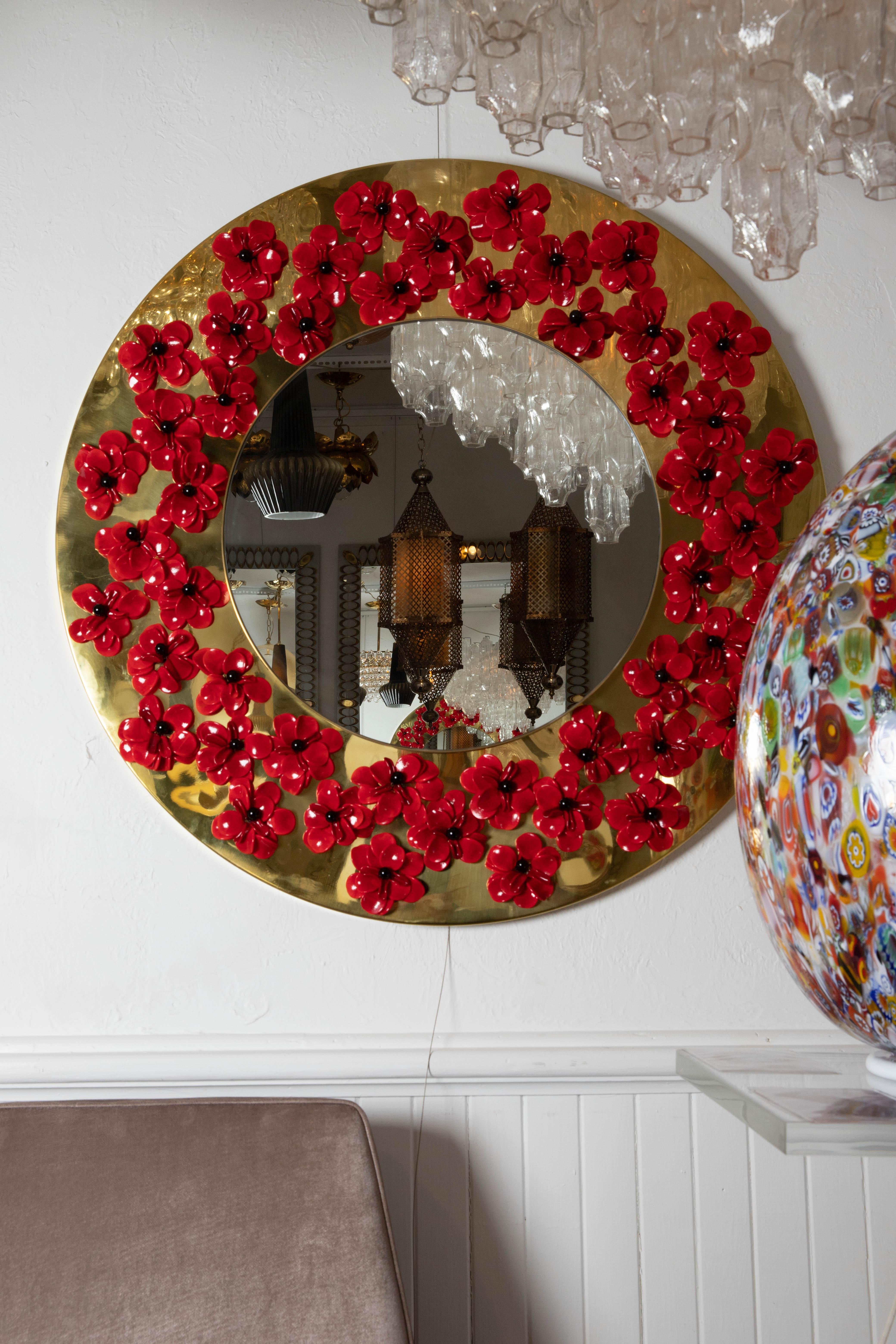 Circular Brass Mirror with Murano Glass Flowers In Good Condition In Bridgehampton, NY