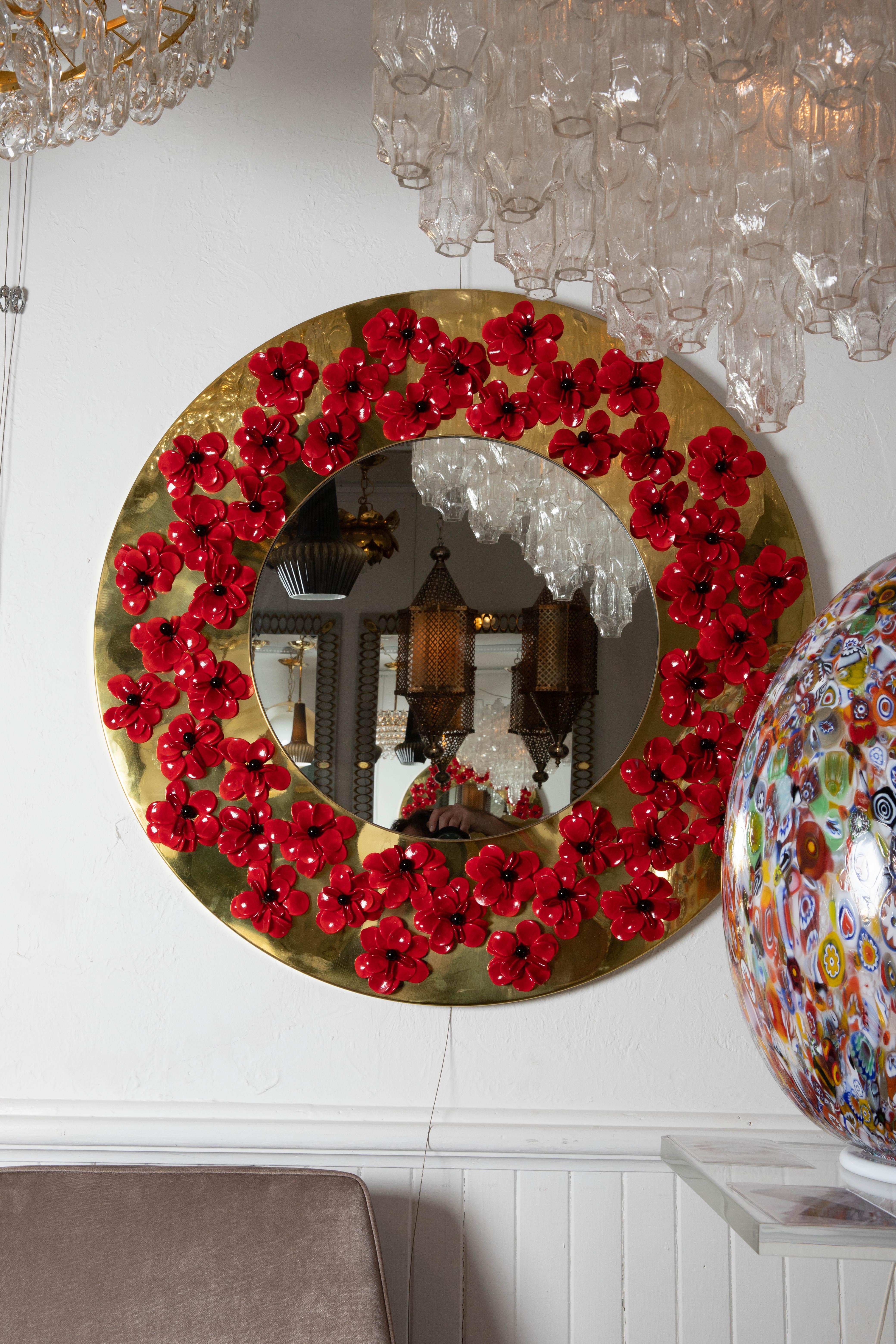 20th Century Circular Brass Mirror with Murano Glass Flowers