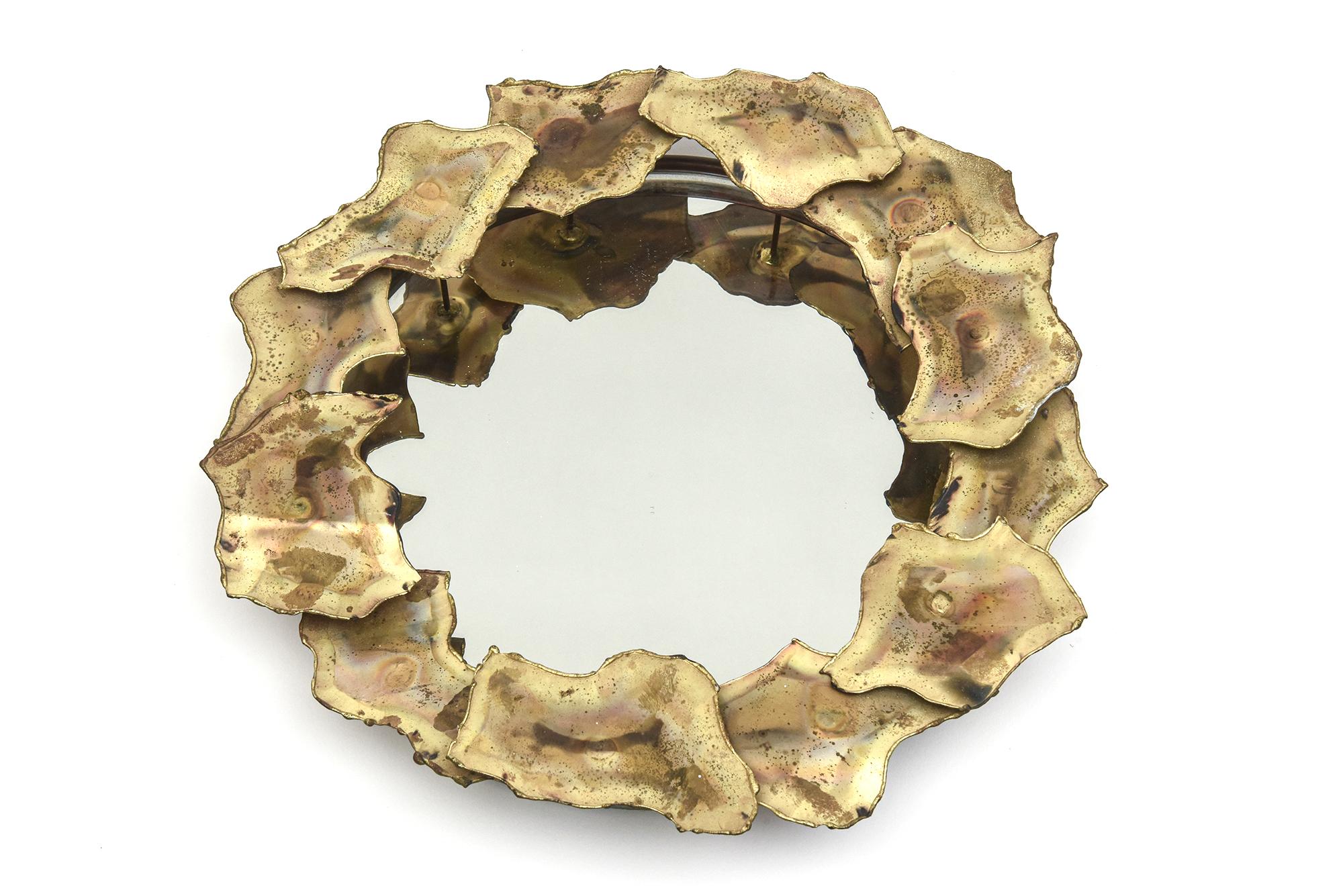 Brutalist Torched Brass Metal Small Circular Mirror Vintage For Sale 8