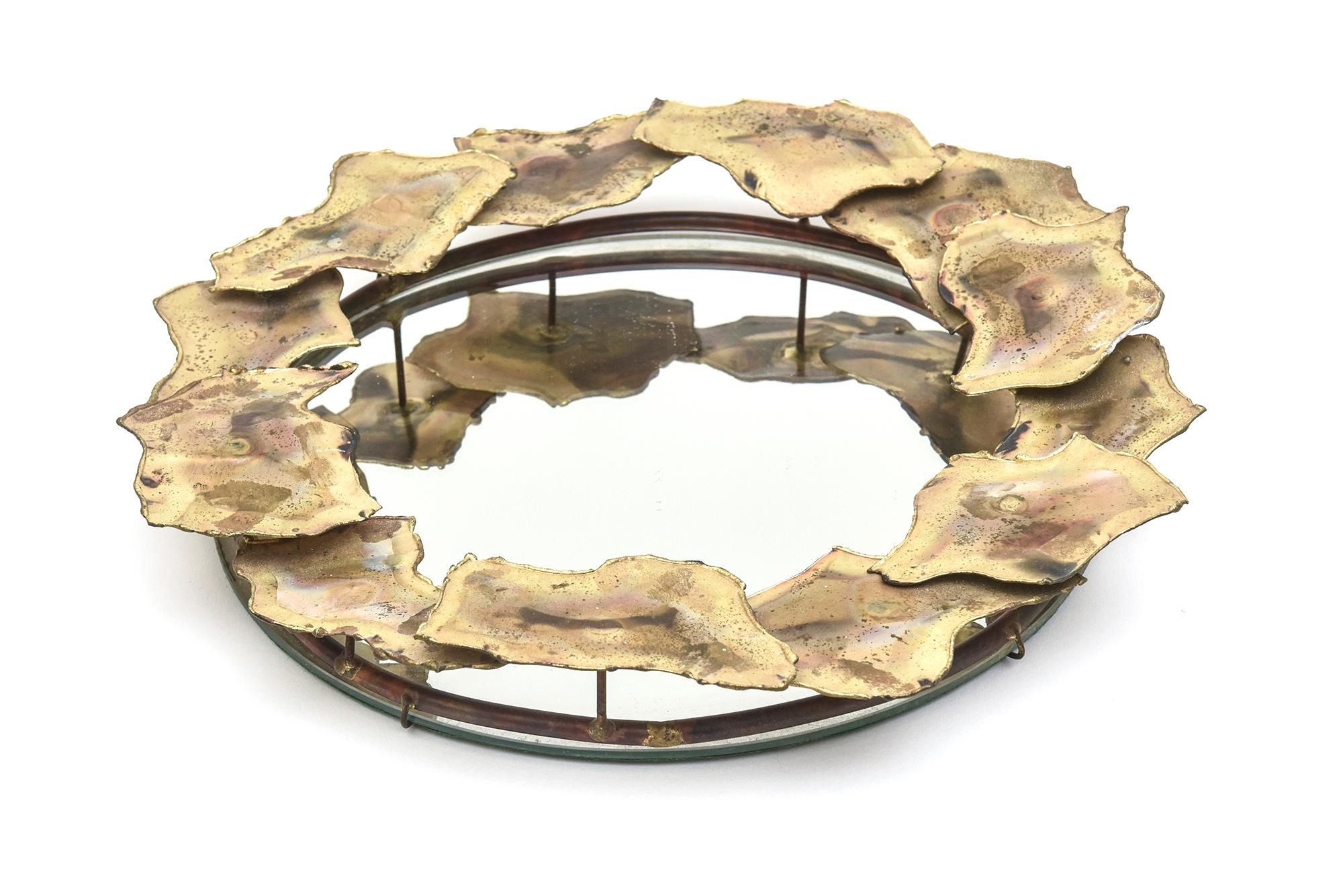 Modern Brutalist Torched Brass Metal Small Circular Mirror Vintage For Sale