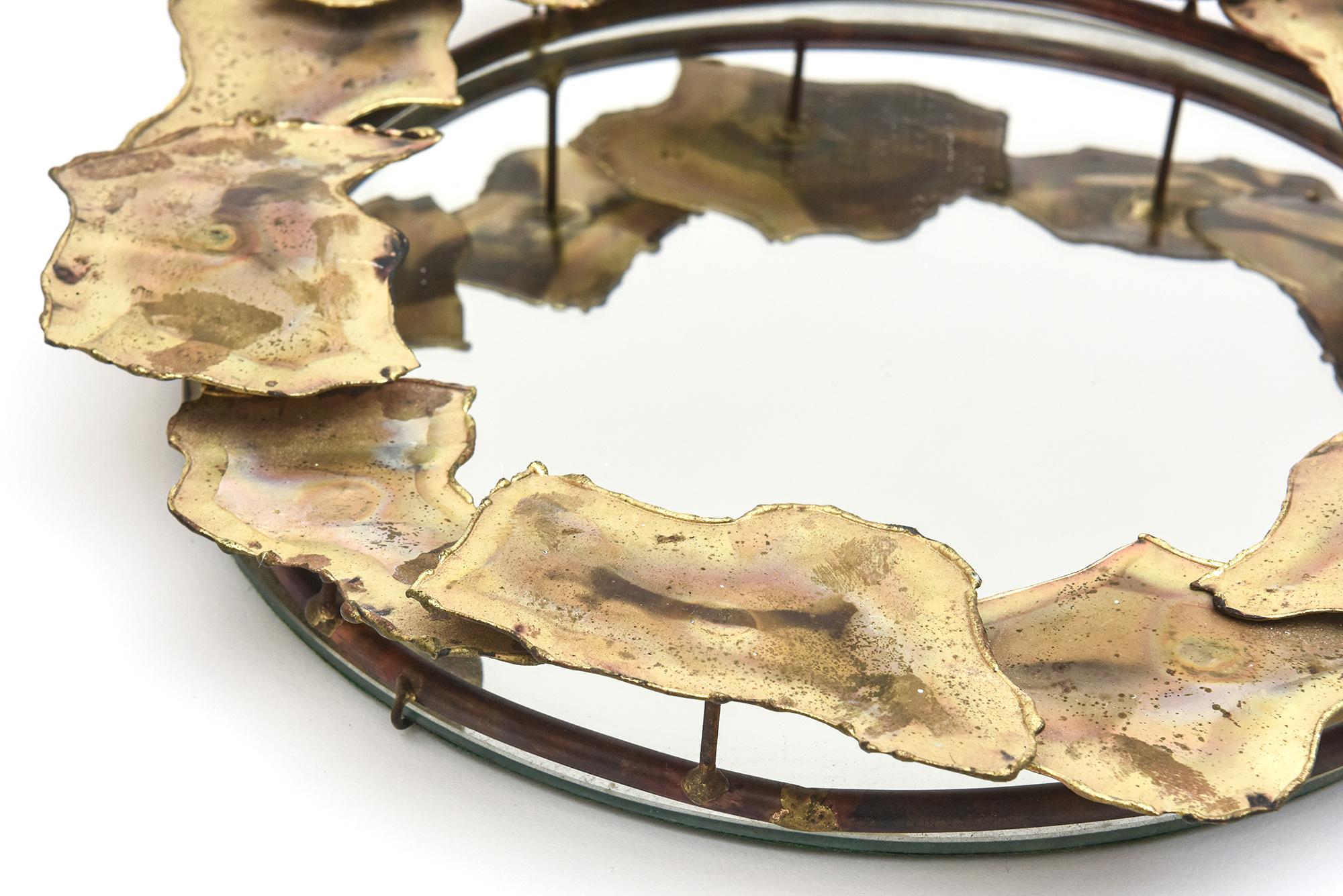 Brutalist Torched Brass Metal Small Circular Mirror Vintage In Good Condition For Sale In North Miami, FL